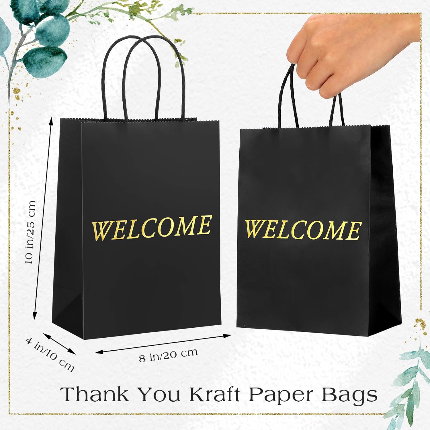 Jexine 100 Pcs Black Welcome Gift Bags 8 x 4 x 10 Inches Kraft Paper Welcome Bags for Wedding, Hotel Guests, Church Visitors, Retail Shopping