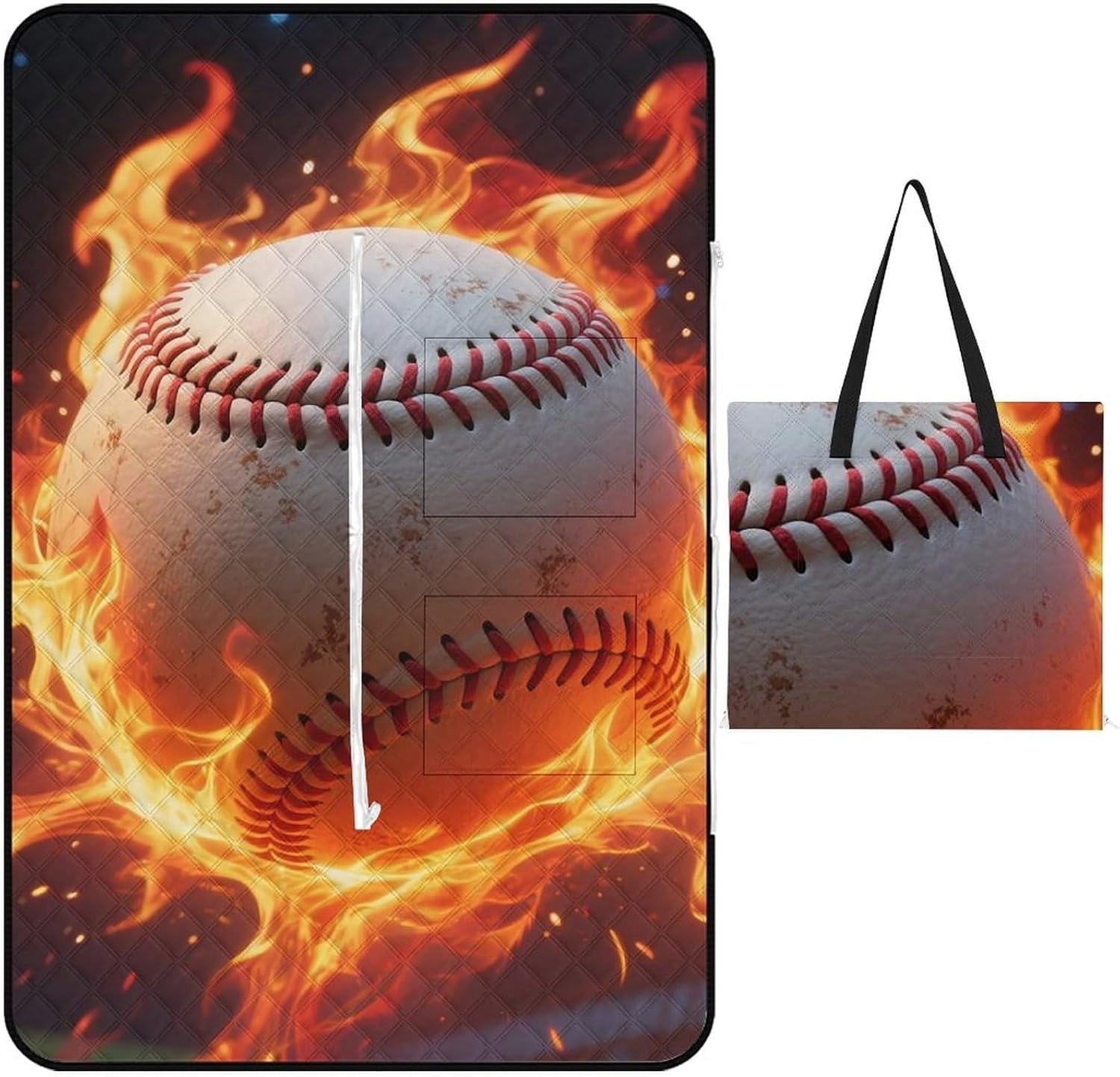 Baseball on Fire Picnic Blanket 150x100cm, Foldable 2-in-1 Picnic Mat and Tote Bag Portable Waterproof Beach Mat Sandproof Outdoor Blanket for Park, Hiking, Beach, Camping, Travel