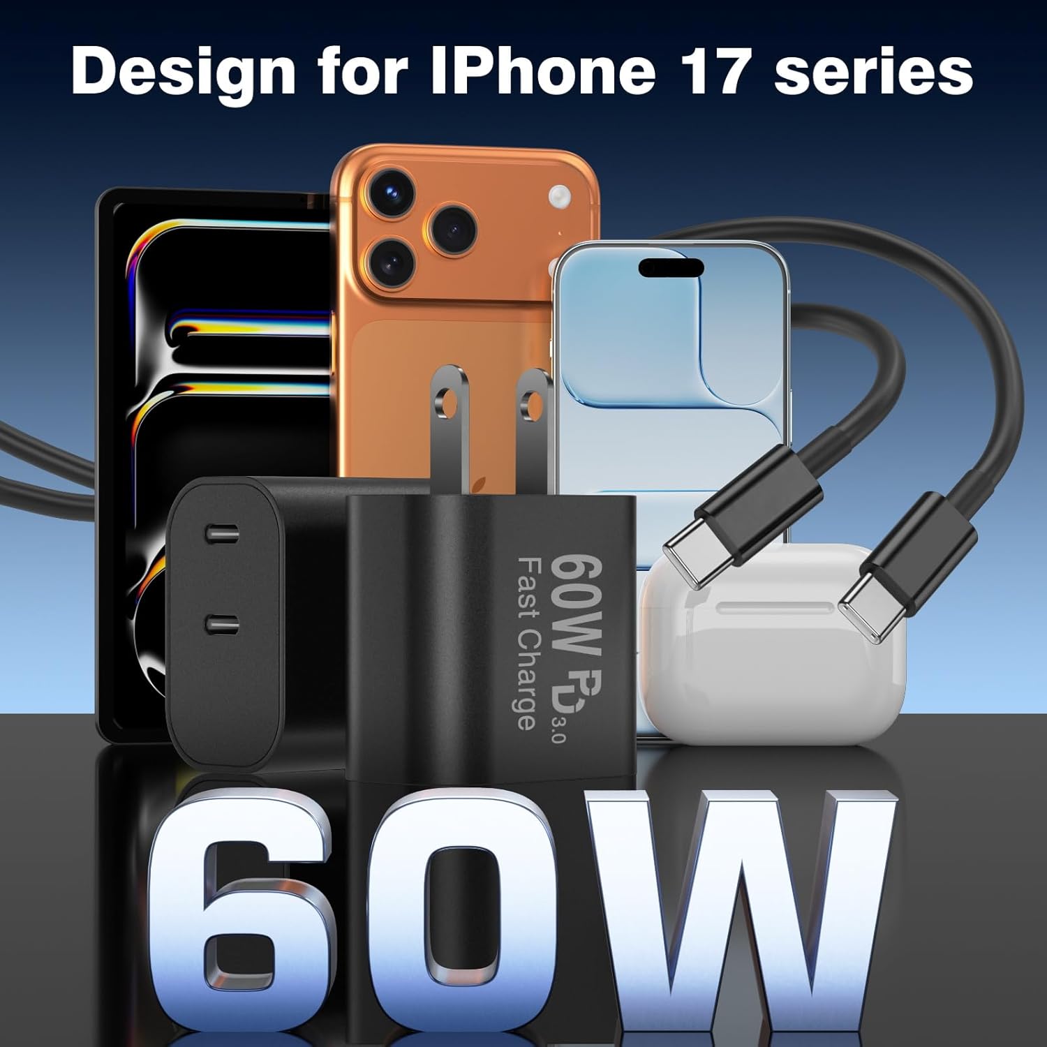 2Pack 60W Super Fast Charger USB C, Dual Port Type C Fast Charging Block with 3/6/10/10ft Type-C Charger Cord Super Fast Charging for iPhone17 ProMax/Air/16/15，for Samsung Galaxy S25 Ultra/S25/S24