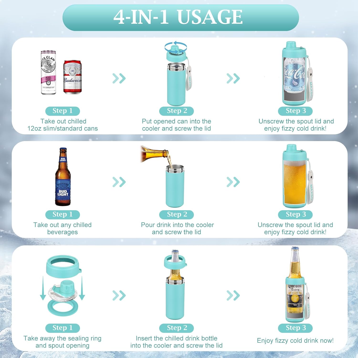 MAXSO Sealed Can Cooler Fizz Lid Can Cover for 12 oz Regular, Slim Skinny Cans & As Thermal Bottle, 4-in-1 Insulated Vacuum Stainless Steel Carbonated Cold Drink Holder - Turquoise