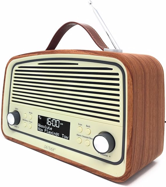 Denver DAB-38 Retro DAB/DAB+ Digital & FM Portable Radio Alarm Clock - Battery/Mains Powered with 2.4 Inch Display - Dark Wood