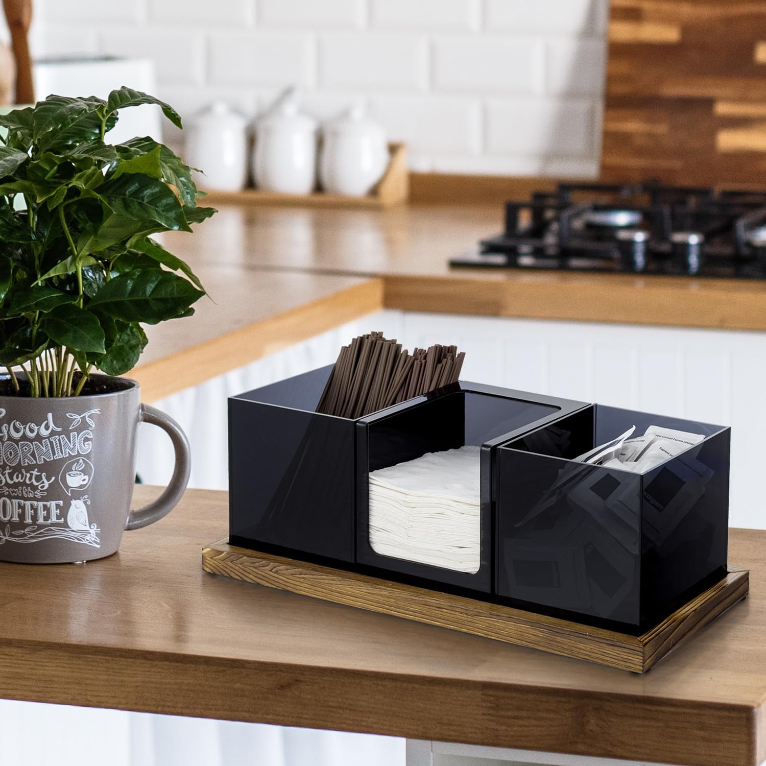 MyGift Coffee Organizer, Modern Acrylic Coffee and Tea Organizer with 3 Removable Premium Translucent Black Acrylic Compartments and Rustic Burnt Solid Wood Decorative Tray, 4 Piece Set
