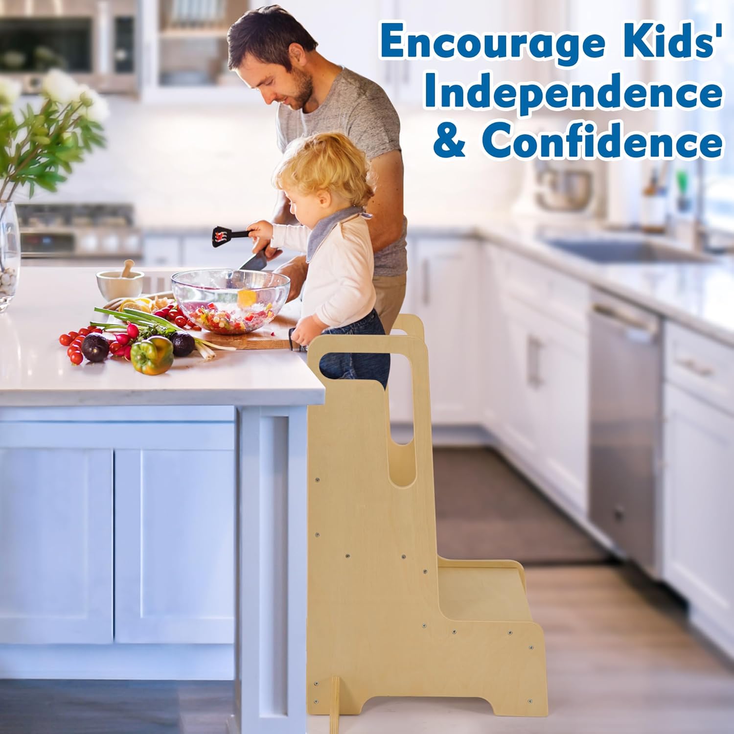 Step Stool for Kids, Large Wooden Kid Step Stool with Handles & Non-Slip Mats for Bathroom Sink and Kitchen, Potty Training Stool for Toilet