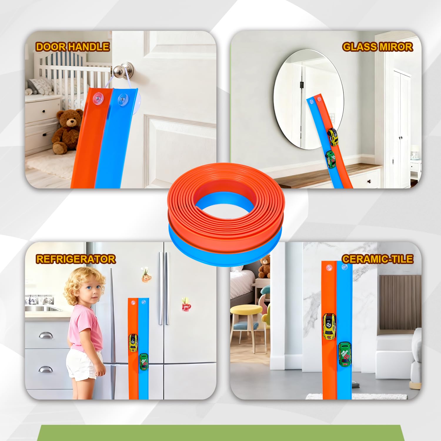 Circuit de Voiture Flexible 6M avec Ventouses & 4 Voitures à Ressort | Piste Double Couleur Bleu & Orange | Piste Portable pour Enfants 3–8 Ans | Jouet Cadeau Course