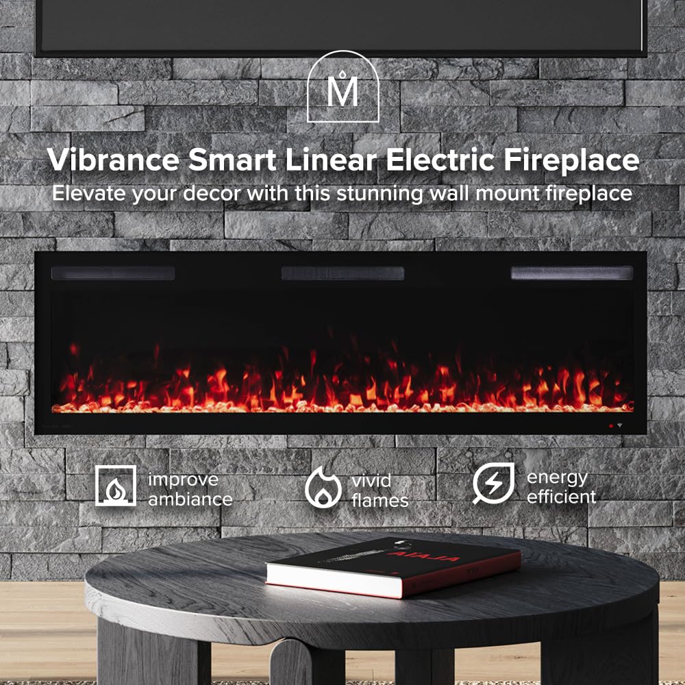 Modern Ember Vibrance 60 Inch Smart Linear Electric Fireplace Insert - Recessed in-Wall and Wall-Mount, LED Multiple Flame Colors, Alexa/WiFi Enabled - Remote Included