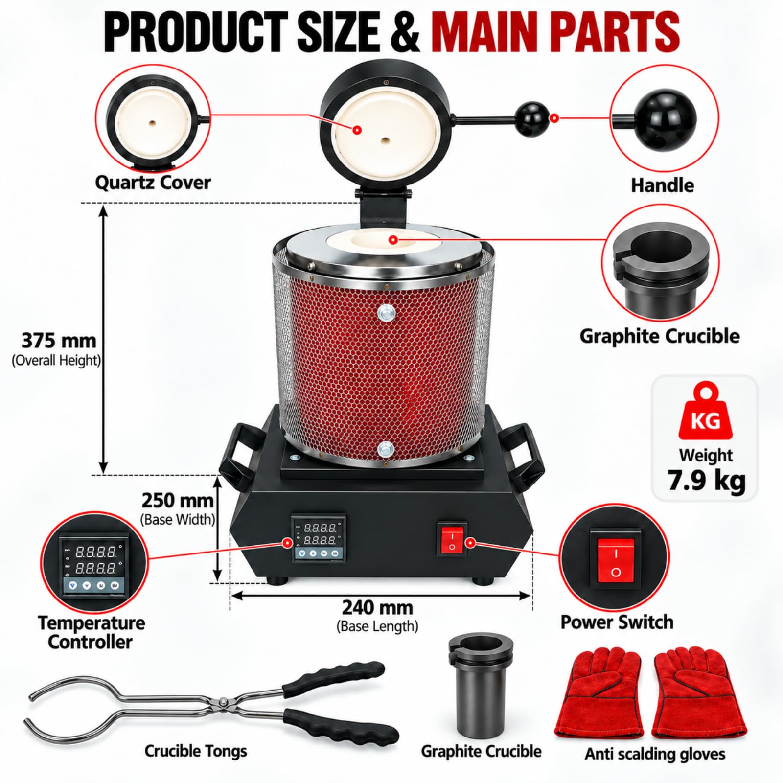 Automatyczny Cyfrowy Piec Do Topienia, Piec Do Topienia Złota Z Tyglem Grafitowym I Ochronną Siatką Ochronną, Do Odlewania Złota, Srebra, Miedzi, Aluminium I Biżuterii Red 3kg