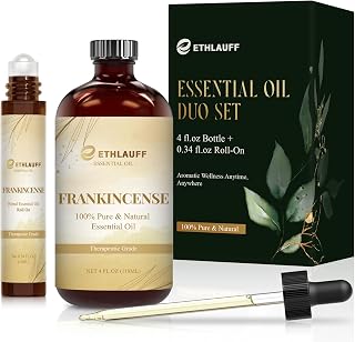 Frankincense Essential Oil (4 fl.oz Bottle + 0.34 fl.oz Roll-On) — Frankincense Oils for Aromatherapy, Diffusers, Humidifiers, Home fragrances, DIY Skincare, Candle, Soap Making, Relaxation, Yoga