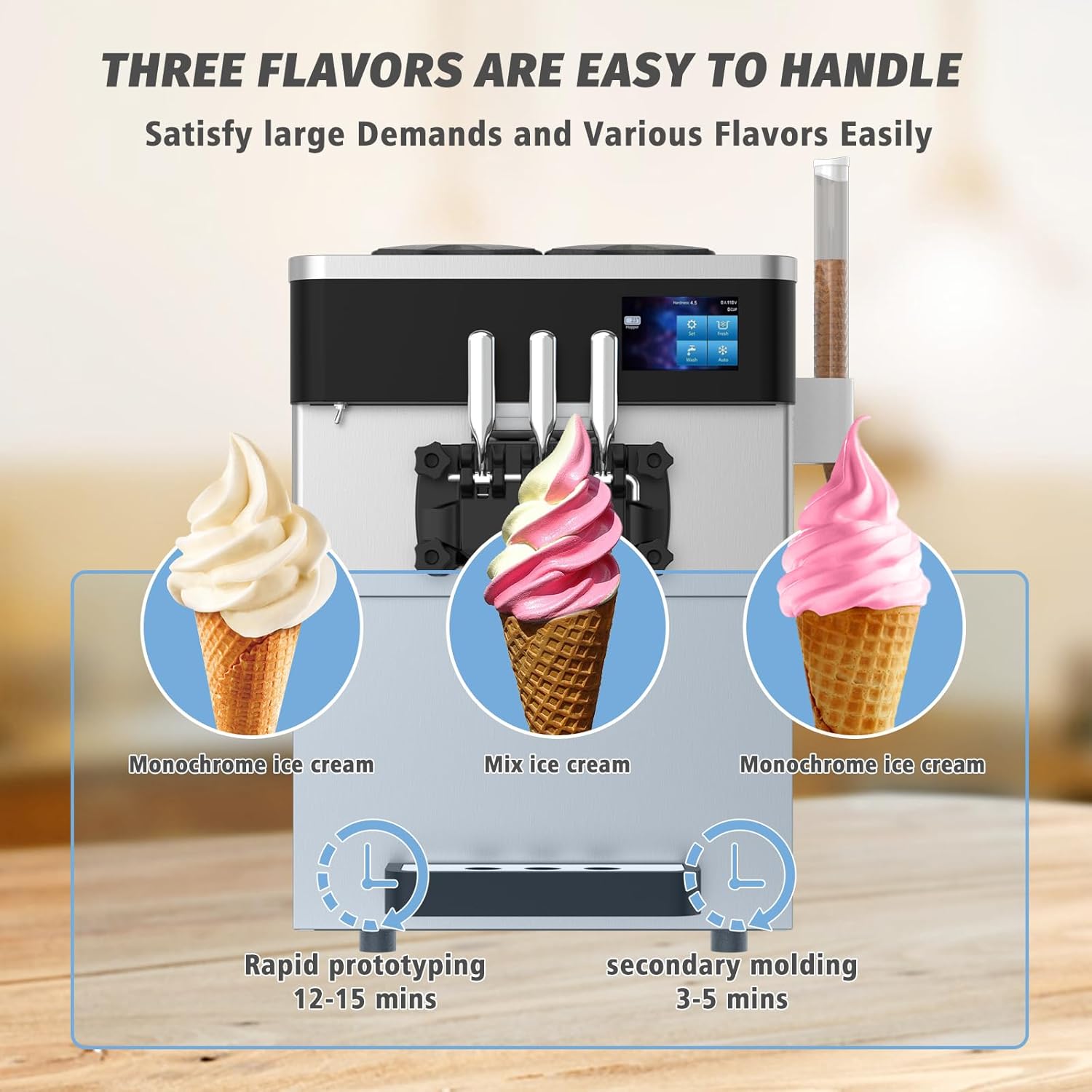 Commercial Ice Cream Maker Machine 2200W 3 Flavors Countertop Soft Serve Ice Cream Machine 5.3 to 7.4 Gal/H Pre-cooling Auto Clean LCD Touch Screen for Snack Bar Restaurants