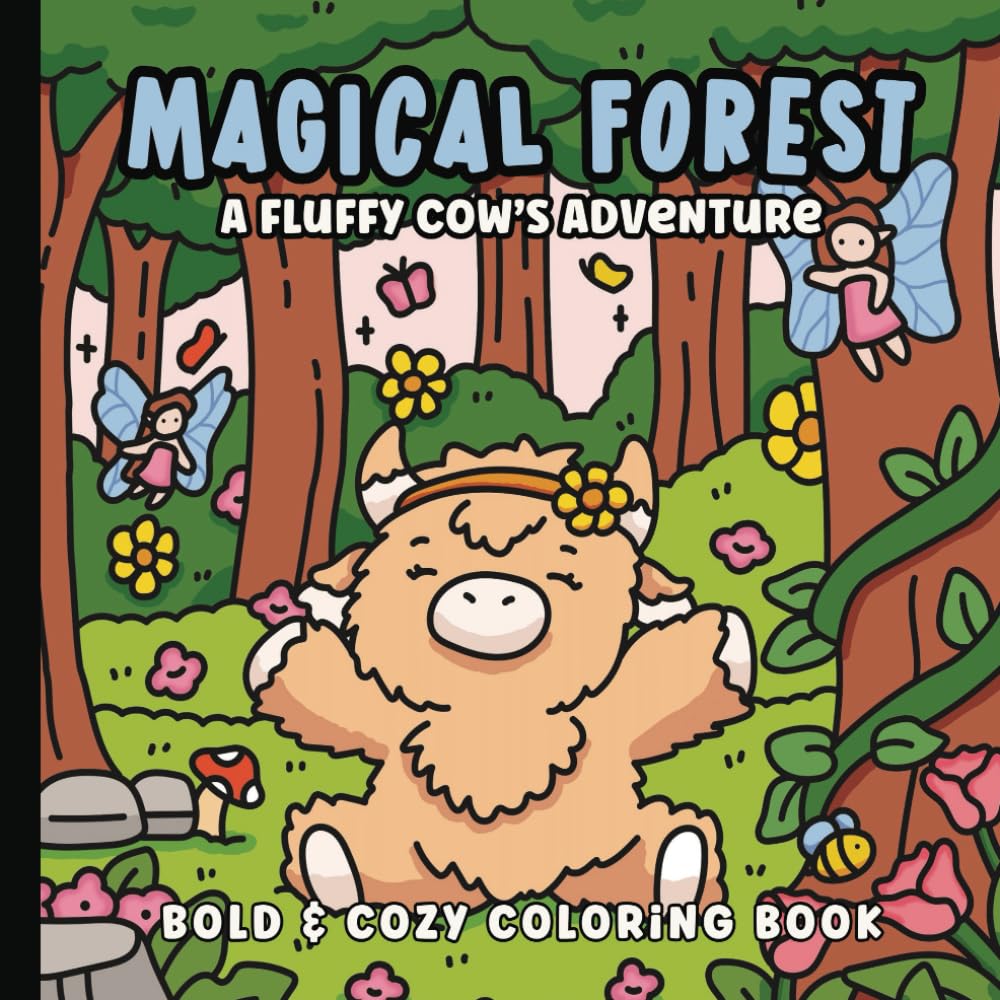 A Magical Forest Bold and Cozy Coloring Book: A Fluffy Highland Cow's Adventure into Majestic and Whimsical Scenes | Hand- Drawn Fairy, Mushrooms, Enchanted Illustrations | 8.5 x 8.5 inches