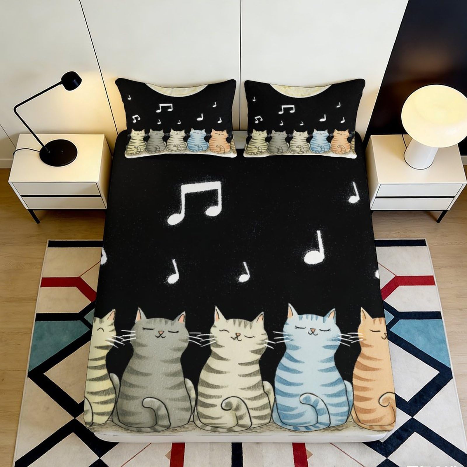 3D Printed Musical Cats Fitted Sheet Microfiber Soft Anti-Slip Cartoon Cat Bed Cover for Bedroom Dorm Decor 90x200x25cm