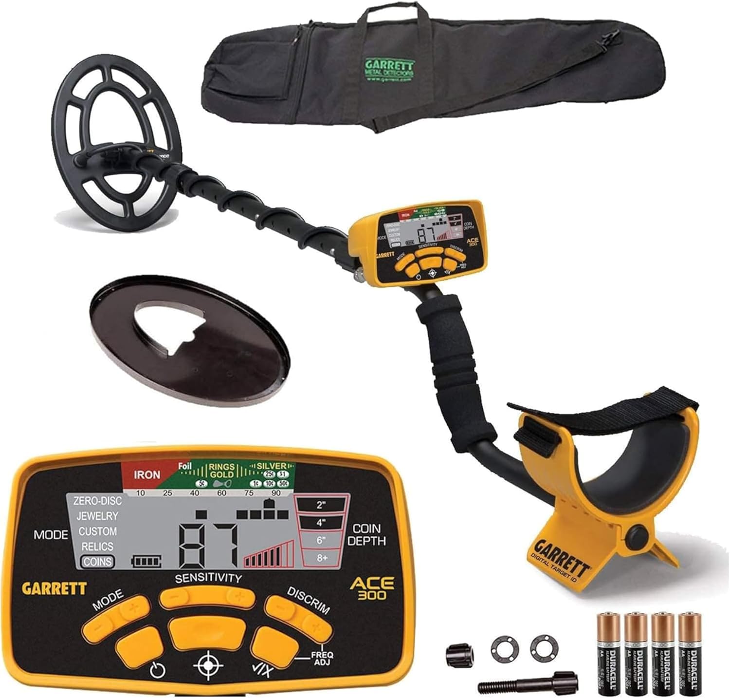 Garrett ACE 300 Metal Detector Bundle – Made in the USA - Digital Target ID, Iron Resolution, Adjustable Frequency, Includes Carry Bag & Searchcoil Cover