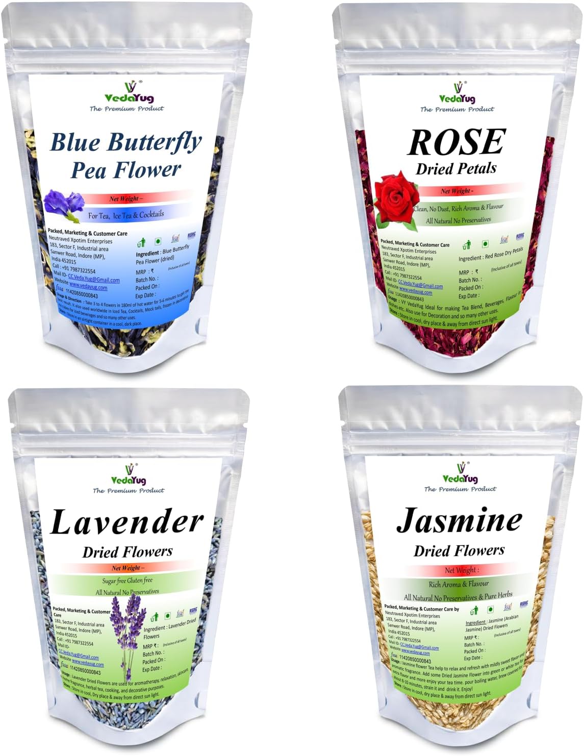 VY VedaYug Blue Butterfly Pea Flower 20gm + Rose Petals 25gm + Lavender Flowers 30gm + Jasmine Dry 20gm Flowers Herbal Tea Ingredient set | Flower Drinks, Iced Teas, Coolers, Cocktails | 95g