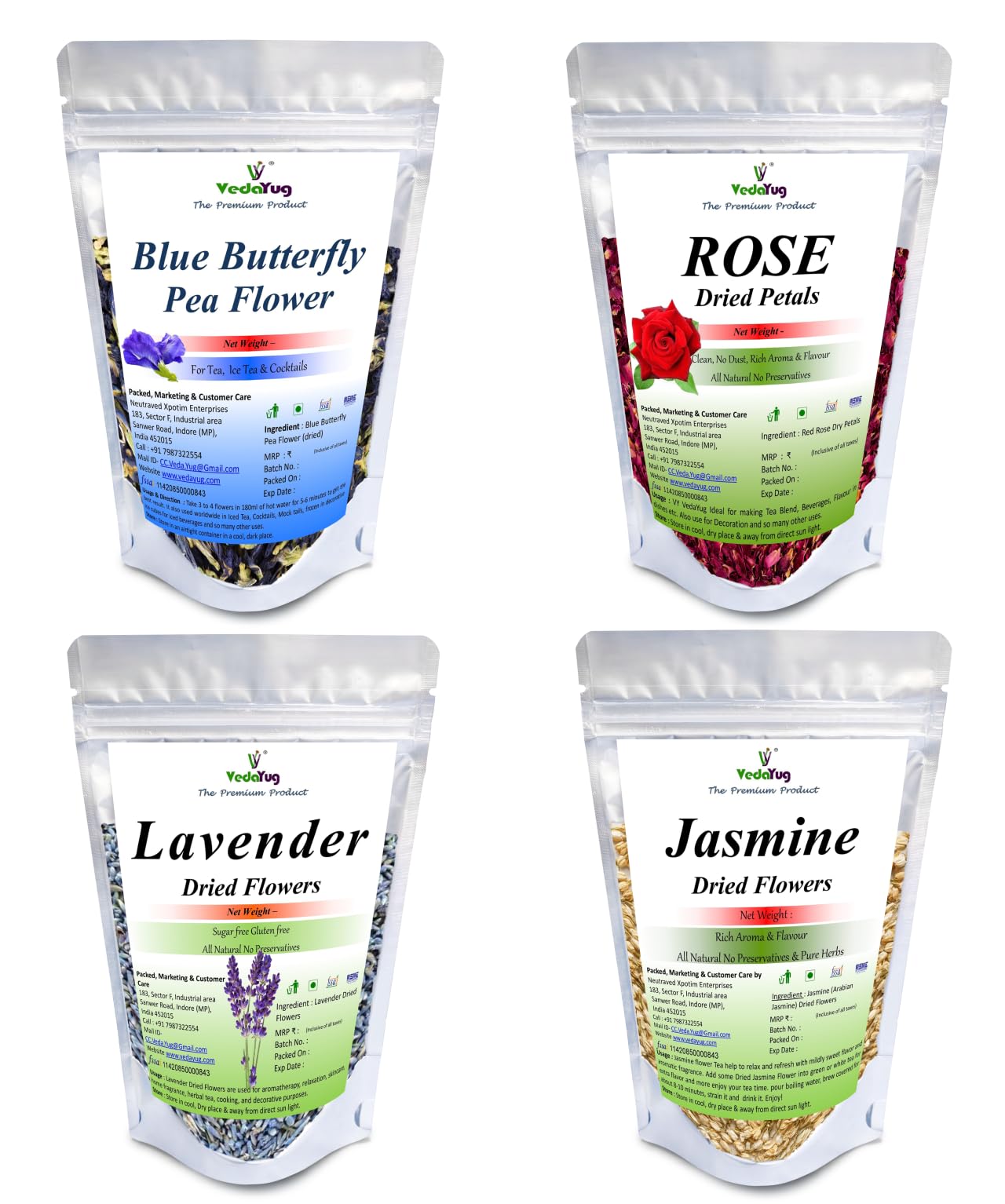 VY VedaYug Blue Butterfly Pea Flower 20gm + Rose Petals 25gm + Lavender Flowers 30gm + Jasmine Dry 20gm Flowers Herbal Tea Ingredient set | Flower Drinks, Iced Teas, Coolers, Cocktails | 95g
