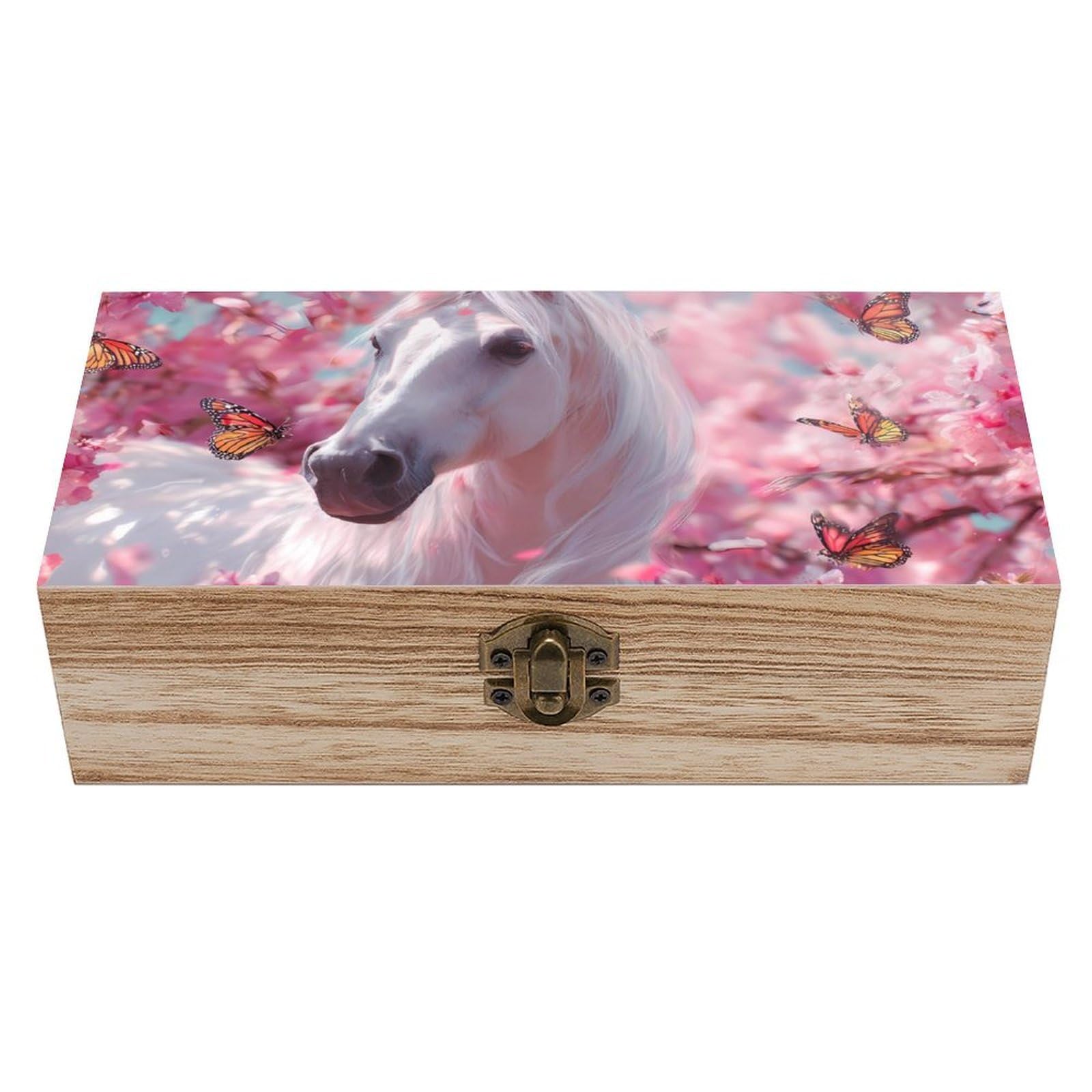HLBSDM Horse Butterfly Cherry Flowers Wooden Box with Hinged Lid Decorative Storage Case Container
