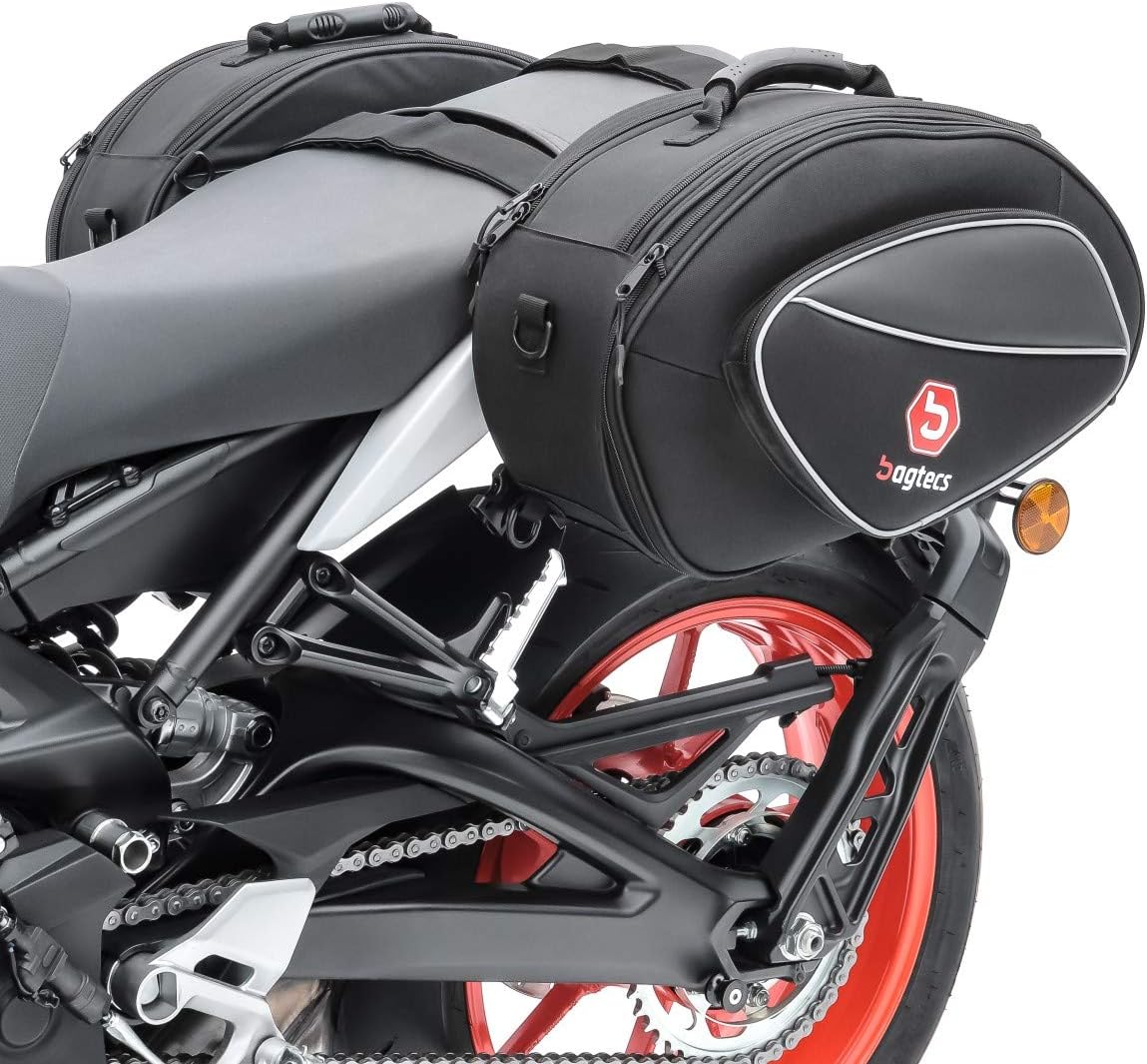 Bagtecs SP3 saddlebags installed on a motorcycle, side view, highlighting the fit and strap routing.