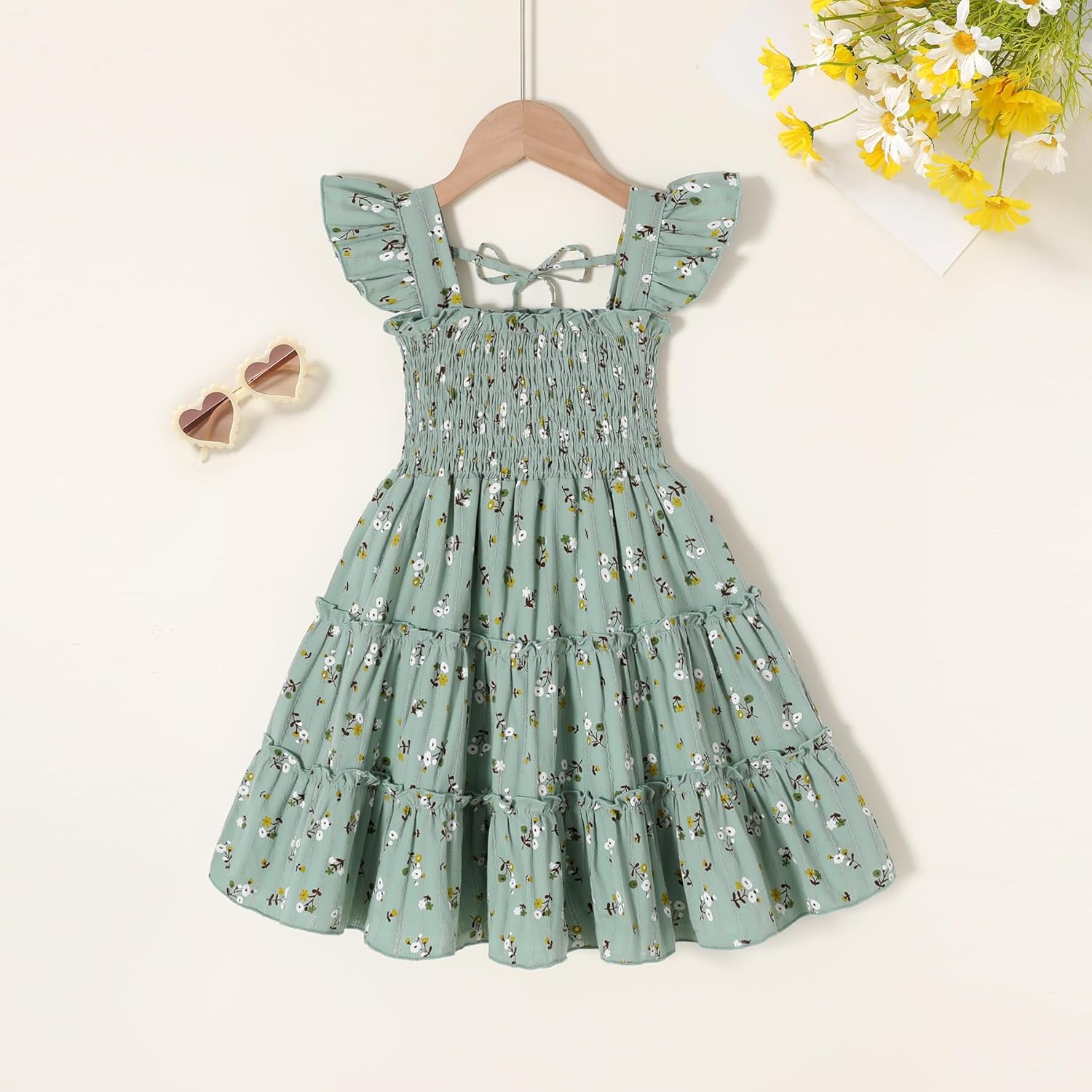 YOUNGER TREE Toddler Girl Dress Baby Girls Summer Clothes Ruffle Sleeve Floral Smock Beach Boho Dresses Sundress Green Floral 4-5T image 2 of 6 B0DS5893BS