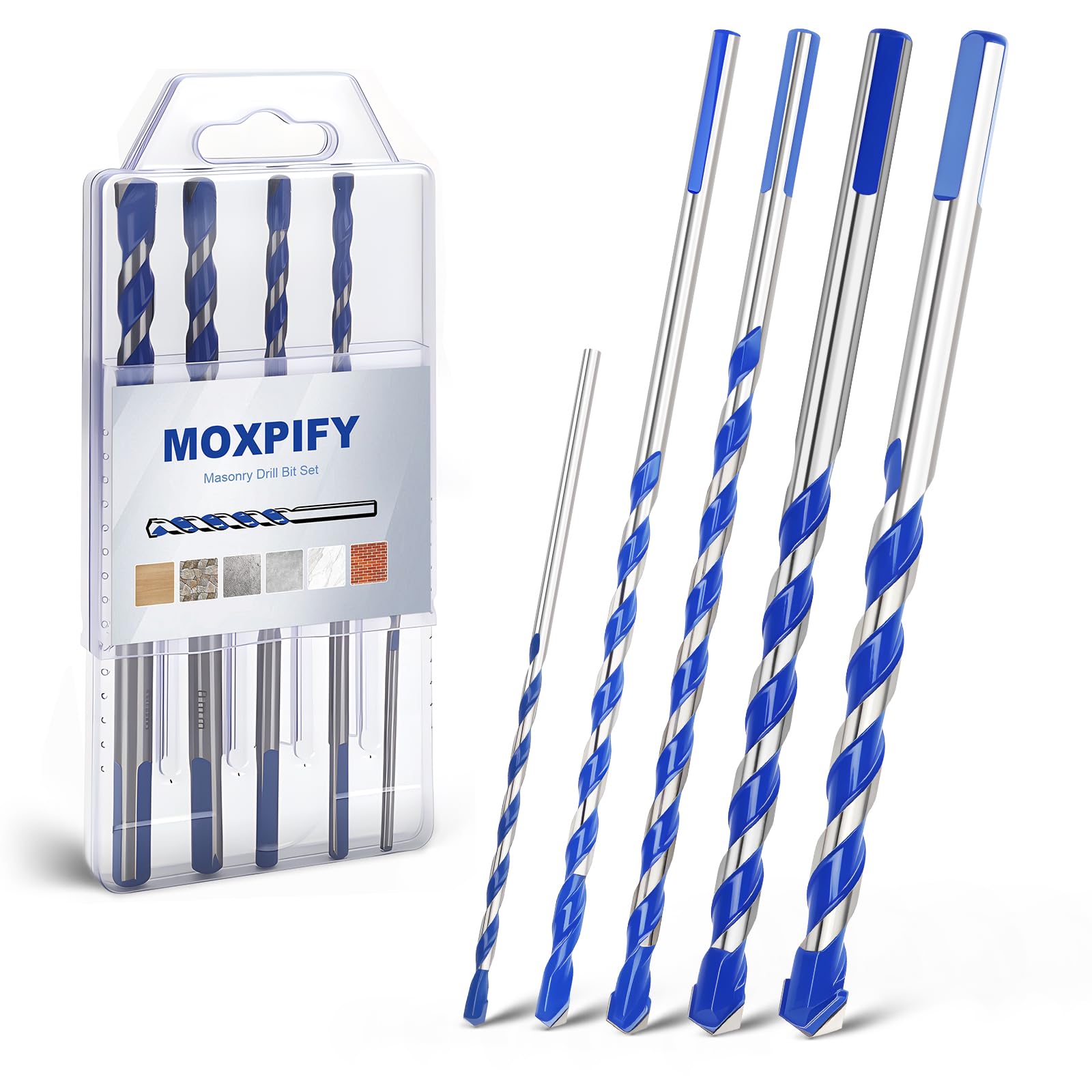 MOXPIFY 5pcs Masonry Drill Bit Set Extra Long, Tungsten Carbide Tip Concrete Drill Bits for Brick Wall Tile Porcelain (3/5/6/8/10mm, Tri. Shank)