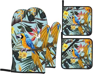 Parrot Rainforest Macaw Bird Animal Hand Drawn Flowers Heat Resistant Oven Glove and Handle Set, Kitchen Baking Accessories (4-Piece Set)
