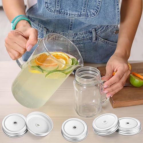 Miniatura 7 de Mudder Paquete de 26 tapas para tarros de conservas Mason con agujero para popote para tarros de metal de boca ancha regular con agujero para