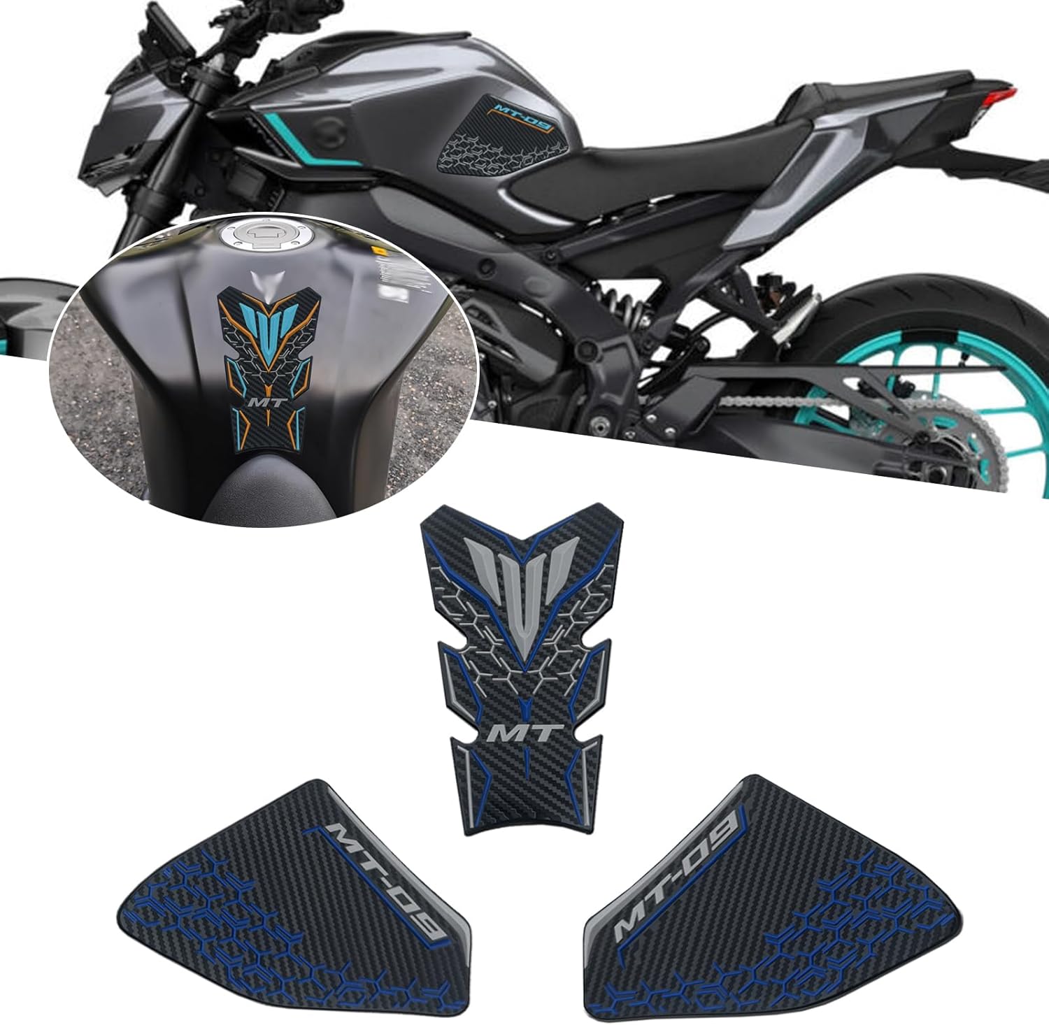For MT-09 MT09 SP MT 09 SP 2025 Non-slip carbon fiber texture bottom side fuel tank stickers 3D embossed rubber fuel tank pads fuel tank knee pads mt09 mt-09 sp 2021-2025 motorcycle accessories (blue)