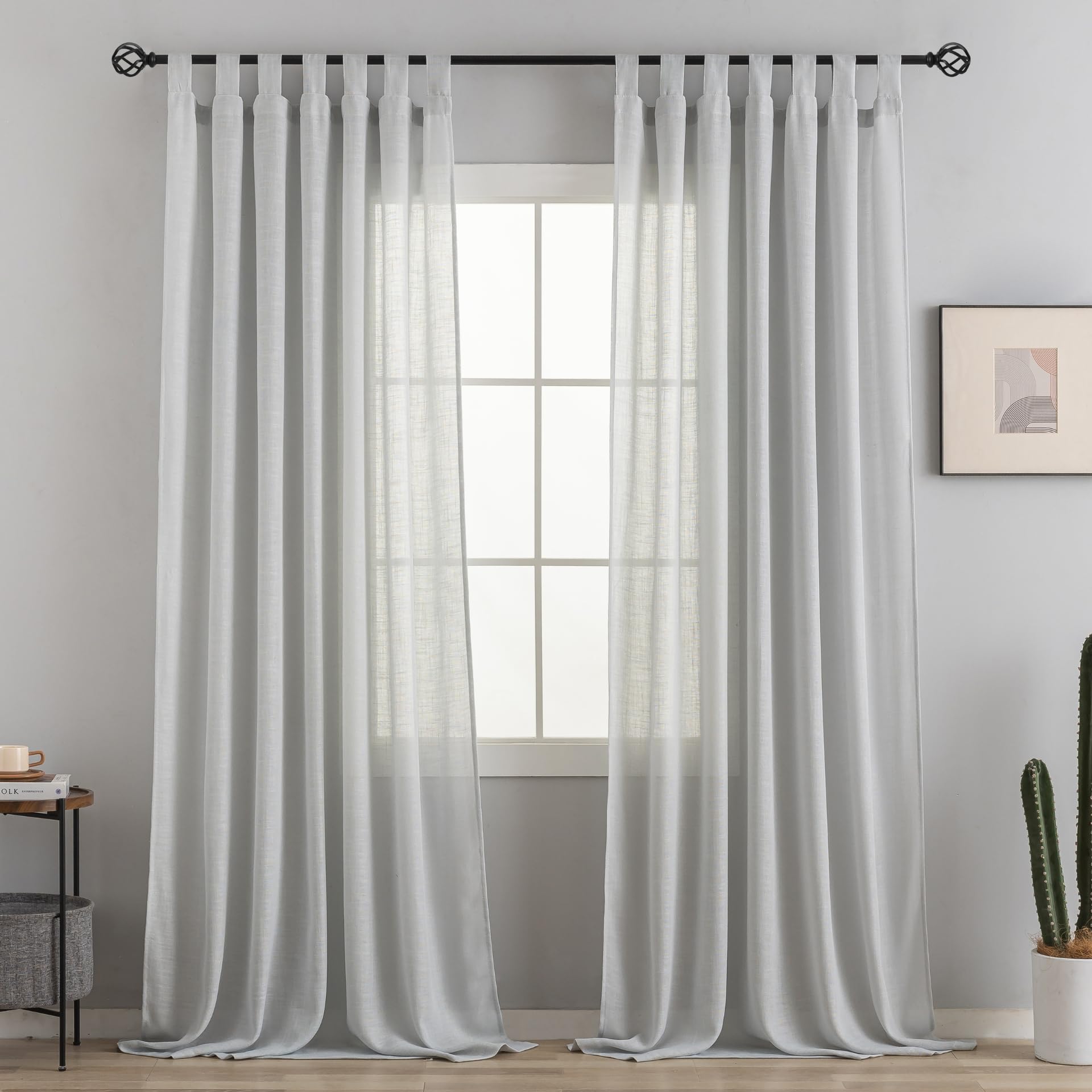 VOILYBIRD Natural Linen Semi Sheer Curtains Tab Top Light Filtering Elegant Curtains & Drapes for Living Room 52 x 84 Inch Length, 2 Panels, Light Grey