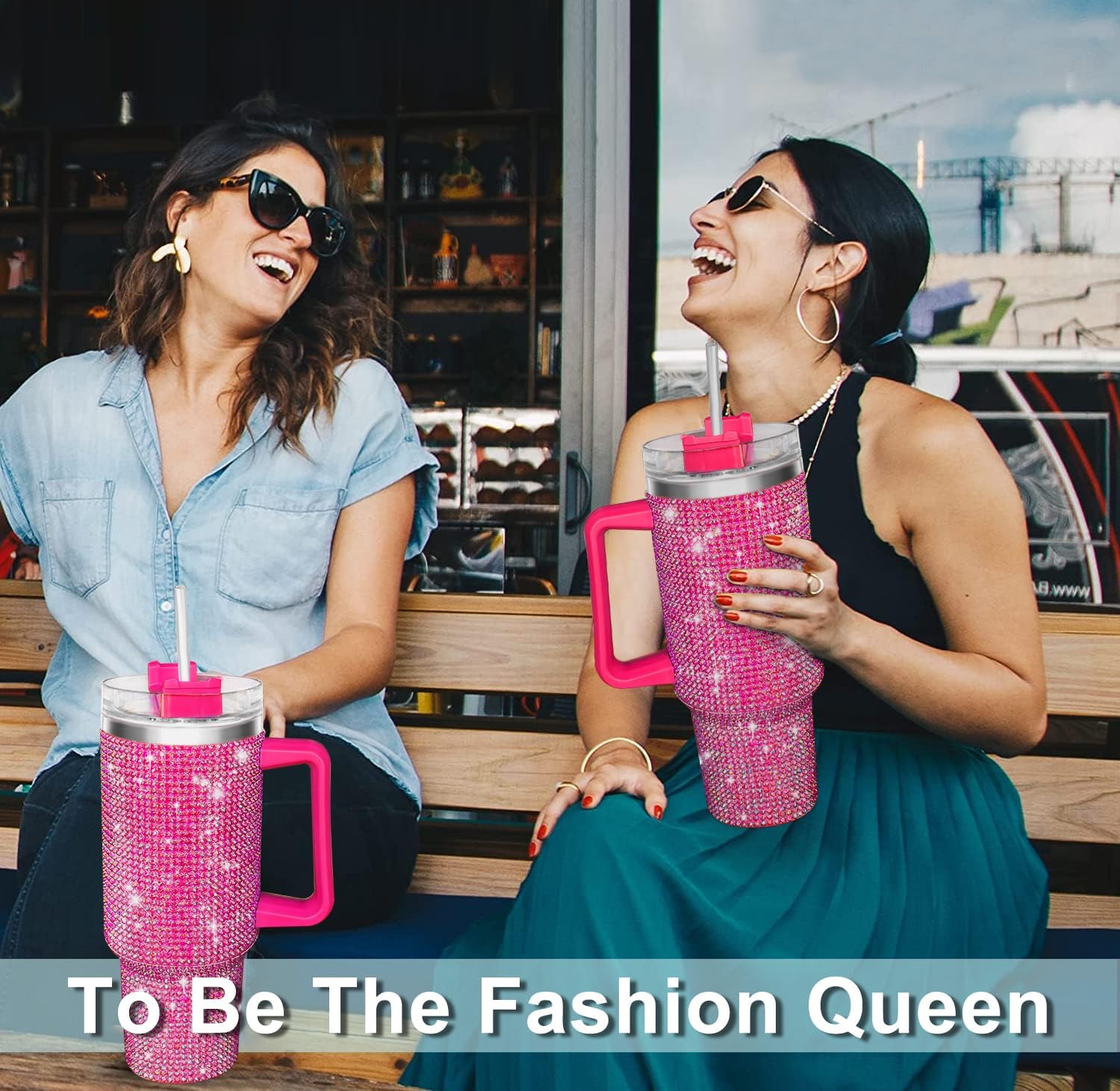 40oz Tumbler with Handle-Glitter Rhinestones Tumbler Bling Cups Stainless Steel Water Bottle Diamond Studded Tumbler for Women-Birthday Gifts for Women, Mom, Girlfriend (Fuchsia) - Image 6