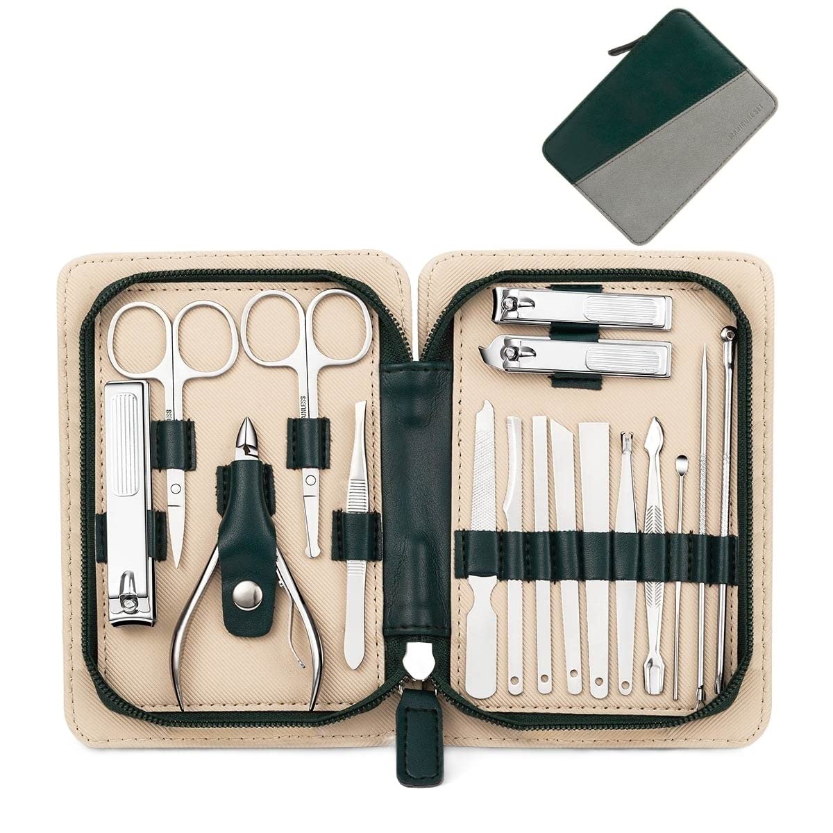 SCRUBY Ensemble de manucure et pédicure - Coupe-ongles en acier inoxydable - Ciseaux à ongles - Lime à sourcils et cils - 17 pièces - Vert gris