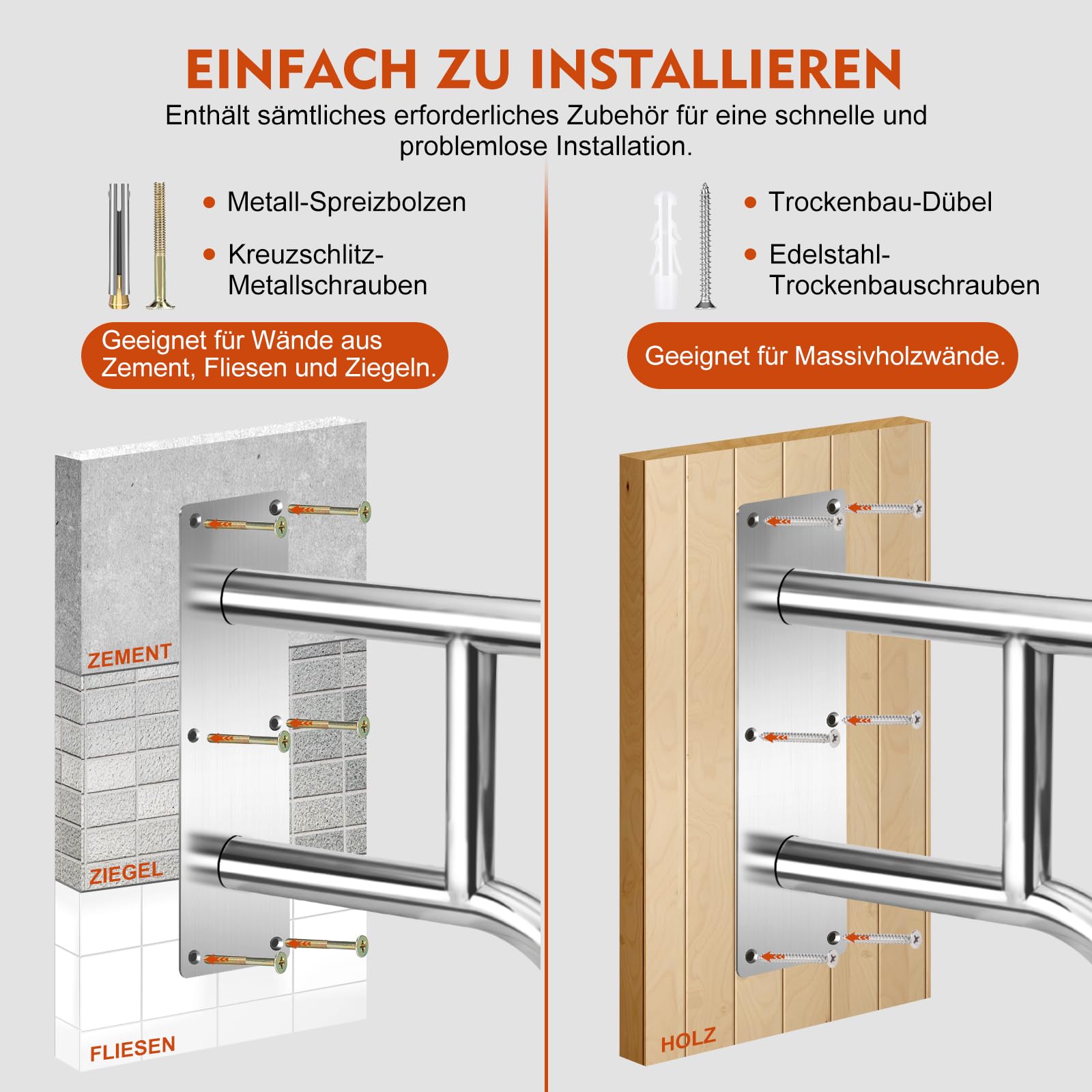Verbesserte Edelstahl Handlauf Treppe für Außen, 60 cm Wandhandlauf U-Form für 1–3 Stufen, wetterfest & hochbelastbar für Garten, Terrasse & Eingang