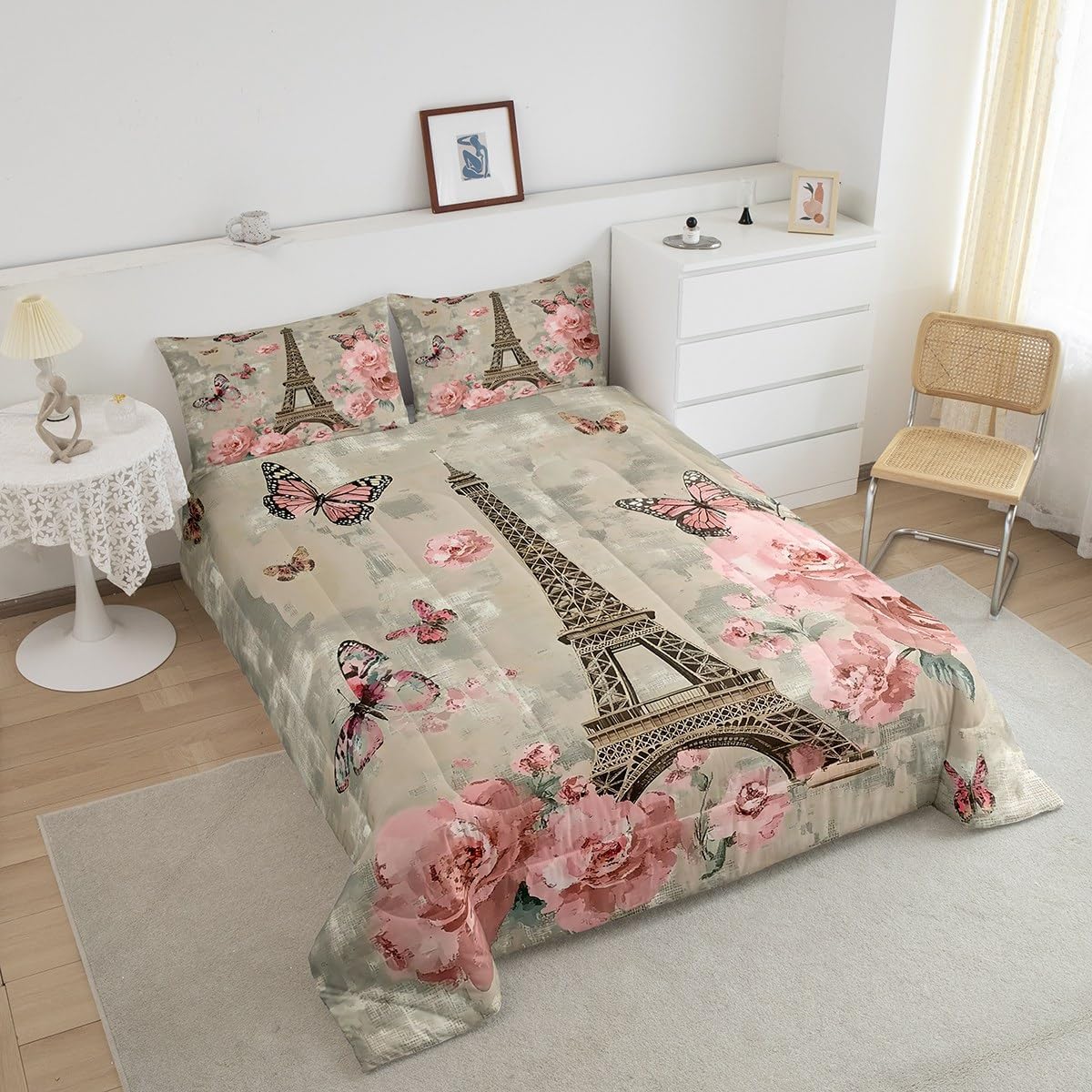 Eiffel Tower Comforter Set Queen Size,Retro Paris Decor Bedding For Adult Teens,Romantic Floral Quilt Home Dorm Decor,Vintage French Effiel Tower Duvet Insert,Butterfly Clock Pattern Down Comforter