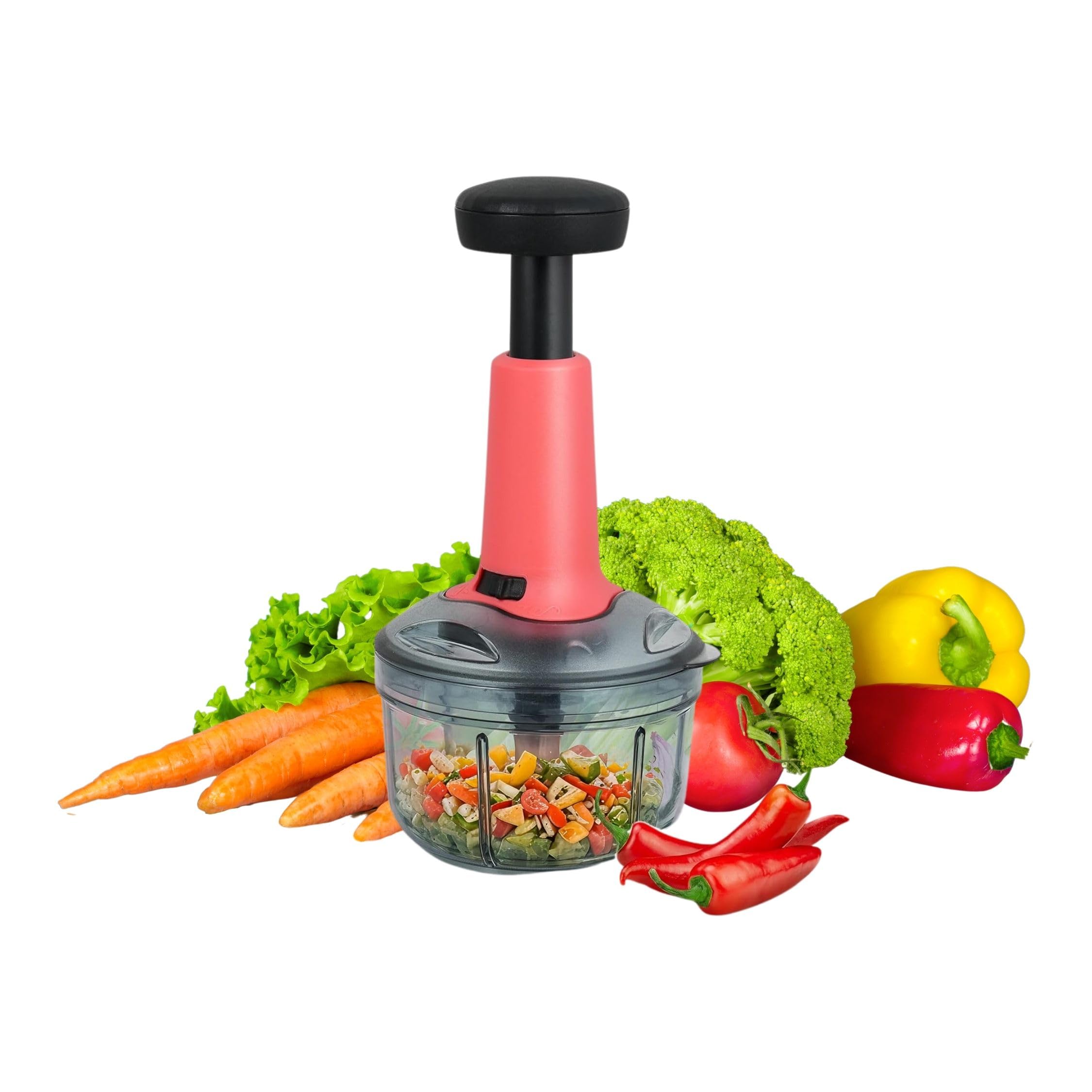 BRIGHT Manual Hand Push Chopper and Slicer, Portable, Food Cutter & Blender for Vegetables, Fruits, Curd, Large Capacity (600ml) (Red)