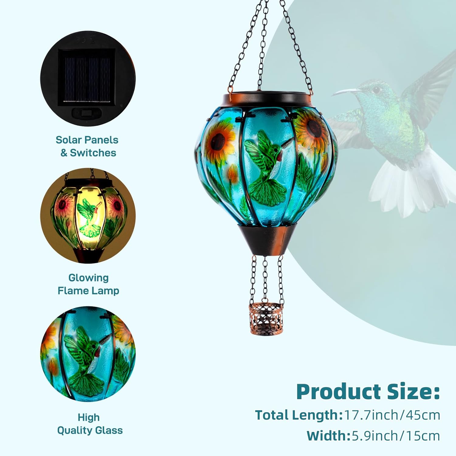 Hummingbird and Sunflower Solar Hot Air Balloon Lantern with Flame, Glass Hot Air Balloon Solar Lantern Outdoor Waterproof, Hanging Solar Lantern for Outside Garden Patio Tree Porch Yard