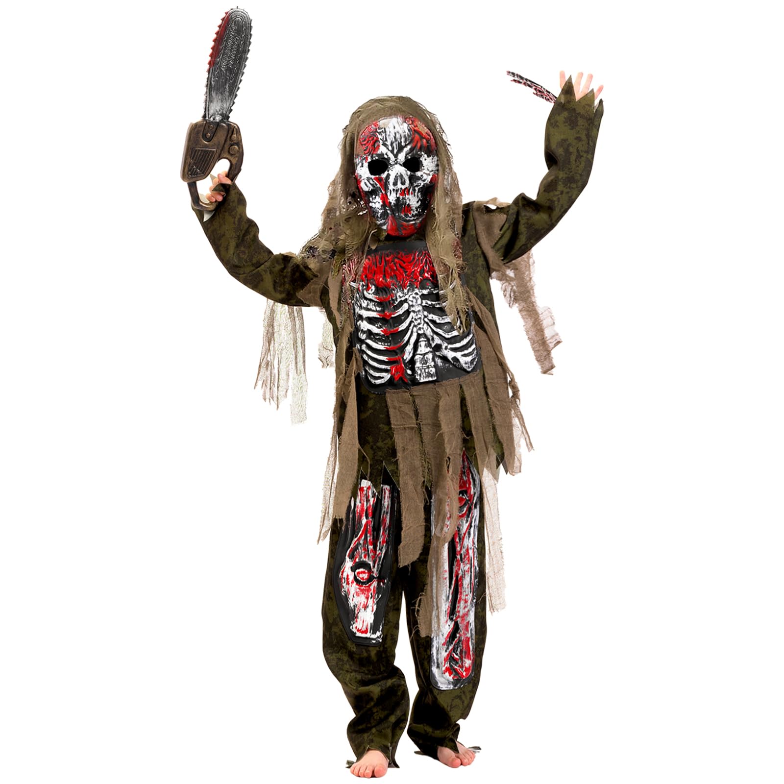 YOMIQIU Disfraz Zombie Halloween Niños: Disfraz de Zombie Esqueleto Aterrador para Niños, Disfraz de Zombie Muerto Viviente con Motosierra de Juguete para Fiestas de Disfraces de Halloween