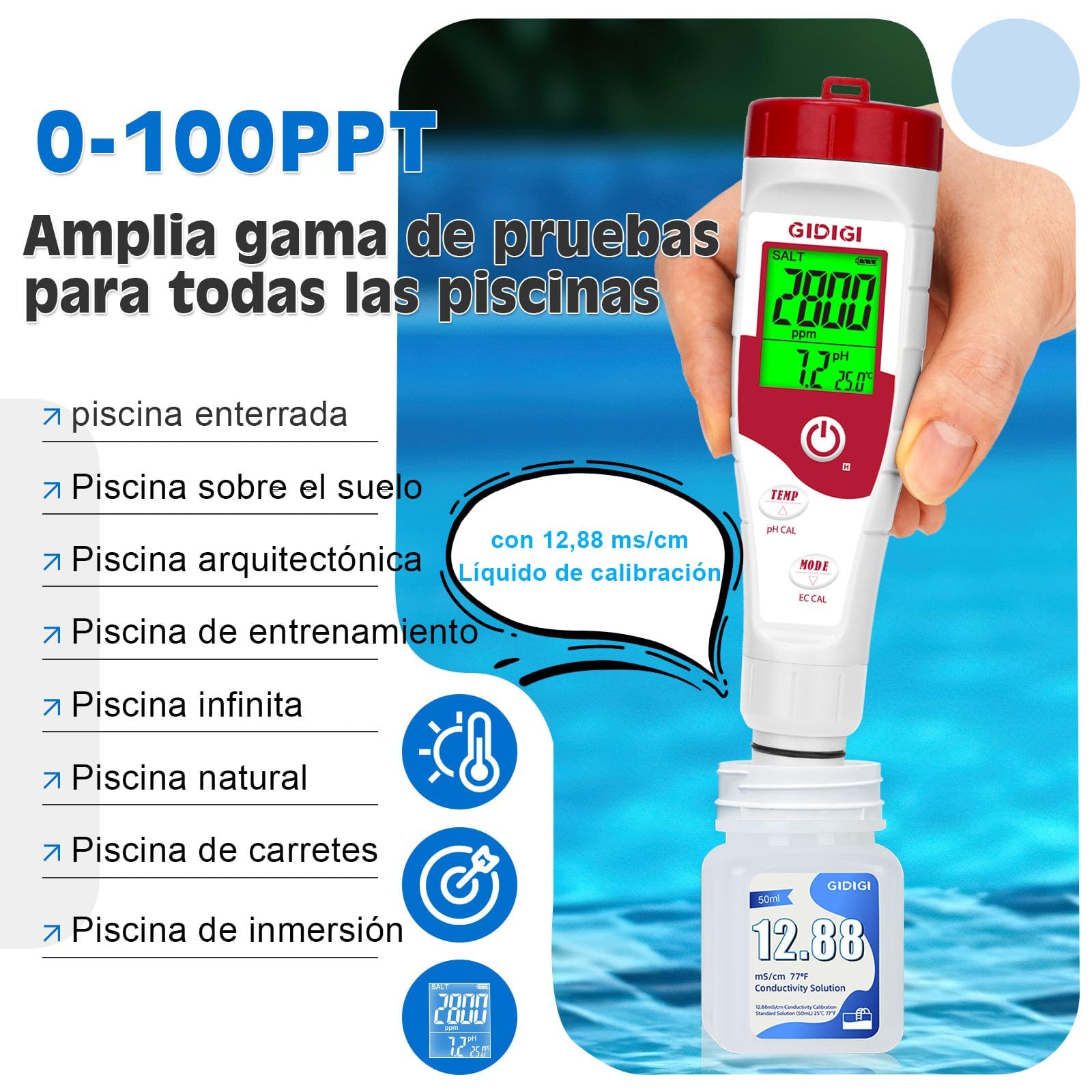 Medidor Salinidad Piscina, 5 en 1 Comprobador pH Sal EC TDS y Temp, con Solución de Calibración 12.88mS/cm, Kit Analizador Piscina Agua Salada para Piscinas, Acuarios, Hidroponía y Agua Potable