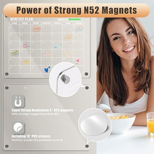 Miniatura 2 de Homyaco - Pizarra magnética de borrado en seco para nevera calendario sin uñas para refrigerador y pared juego de 2 marcadores transparentes