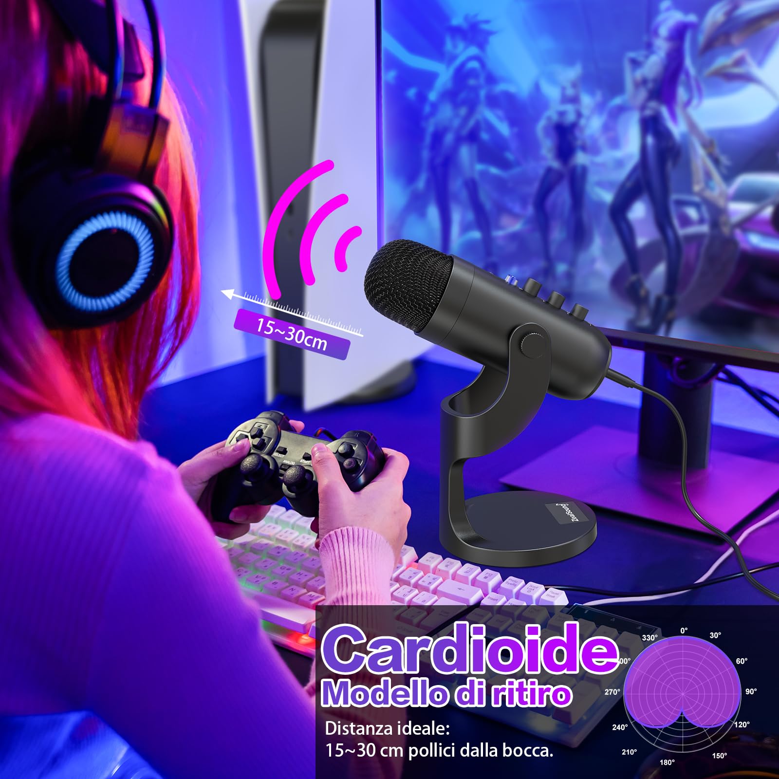 zealsound Microfono PC, Microfono a Condensatore per Phone Pad Computer, Laptop, Telefono, Muto, Echo, Riduzione del rumore, Cardioide Mic per Streaming, ASMR, Gaming, Podcast, YouTube, Twitch, nero