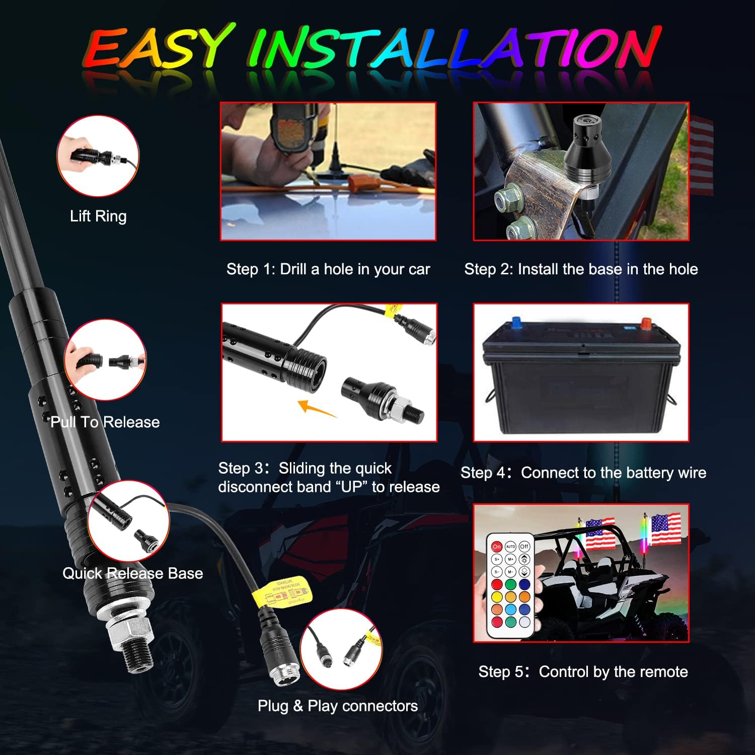 2FT RGB Whip Lights, Niwaker 2Pcs Smoked Black LED Whip Light Kits with RF Remote Control RGB Dancing/Chasing Light Antenna LED Whips for ATV UTV RZR Off Road Truck SxS Polaris Can Am Boat