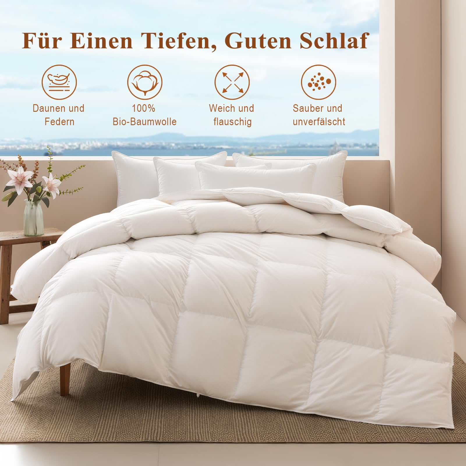APSMILE Daunendecke 240x260 Ganzjahres I 100% Baumwolle Bettdecke mit 50% Gänsedaunen & 50% Gänsefedern I Allergiker geeignet (Ökotex) | Tierwohl Zertifiziert (DOWNPASS) | Waschbare Federbettdecke