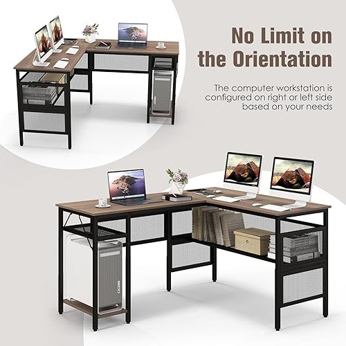 Miniatura 6 de COSTWAY Escritorio en forma de L con estación de carga, escritorio de esquina reversible de 55 pulgadas con estantes de almacenamiento de malla,
