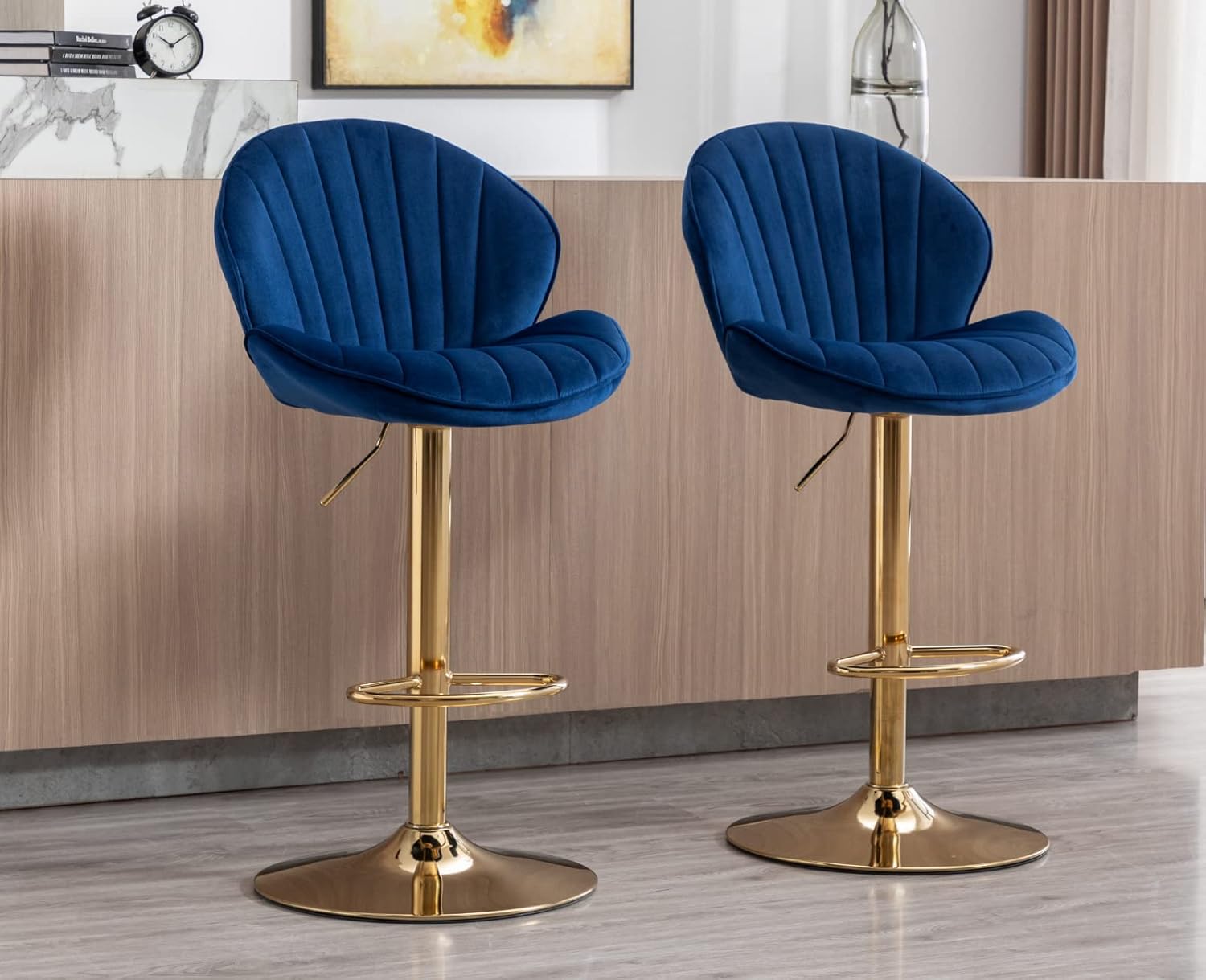 EALSON Velvet Swivel Bar Stools Set of 2 Modern Counter Height Barstools with Back and Gold Base Adjustable Bar Chairs Comfortable Upholstered Kitchen Island Stools for Home Bar/Pub, Navy Blue