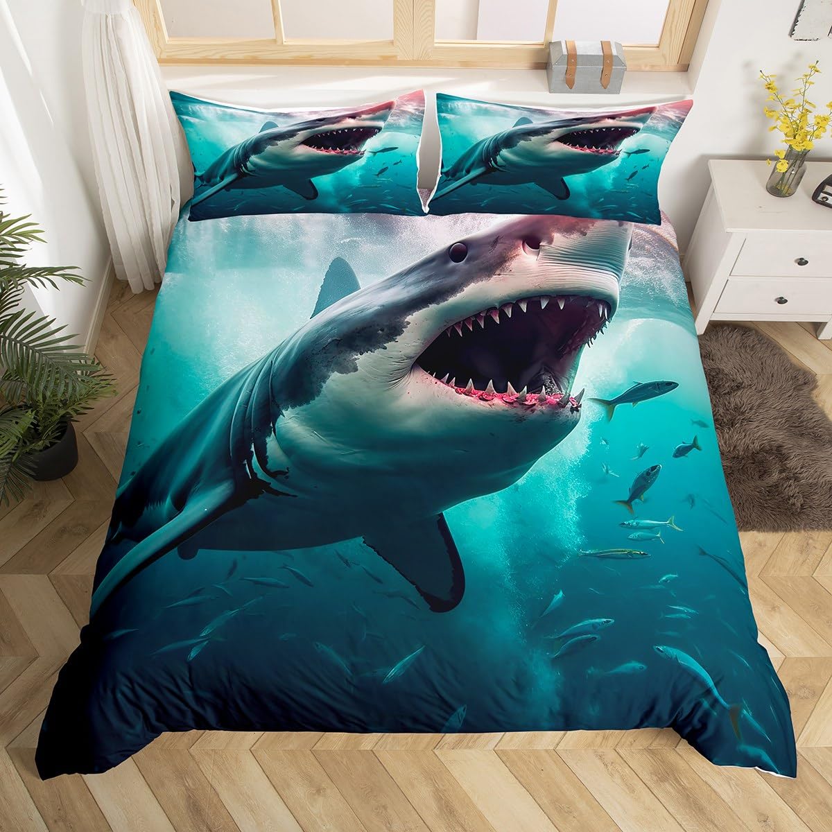 Kids Shark Bedding Set Twin 3D Ocean Animal Duvet Cover for Girls,Boys,Teens 3 Pcs Hawaiian Beach Theme Bedding Underwater Children Bedspread Ocean Sea Sharks Pattern Printed on Blue Comforter Cover