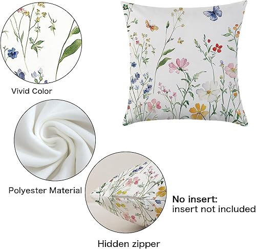 Miniatura 2 de Juego de 4 fundas de almohada decorativas de primavera de 18 x 18 pulgadas, diseño de flores silvestres, mariposas, jardín, patio, exteriores, para