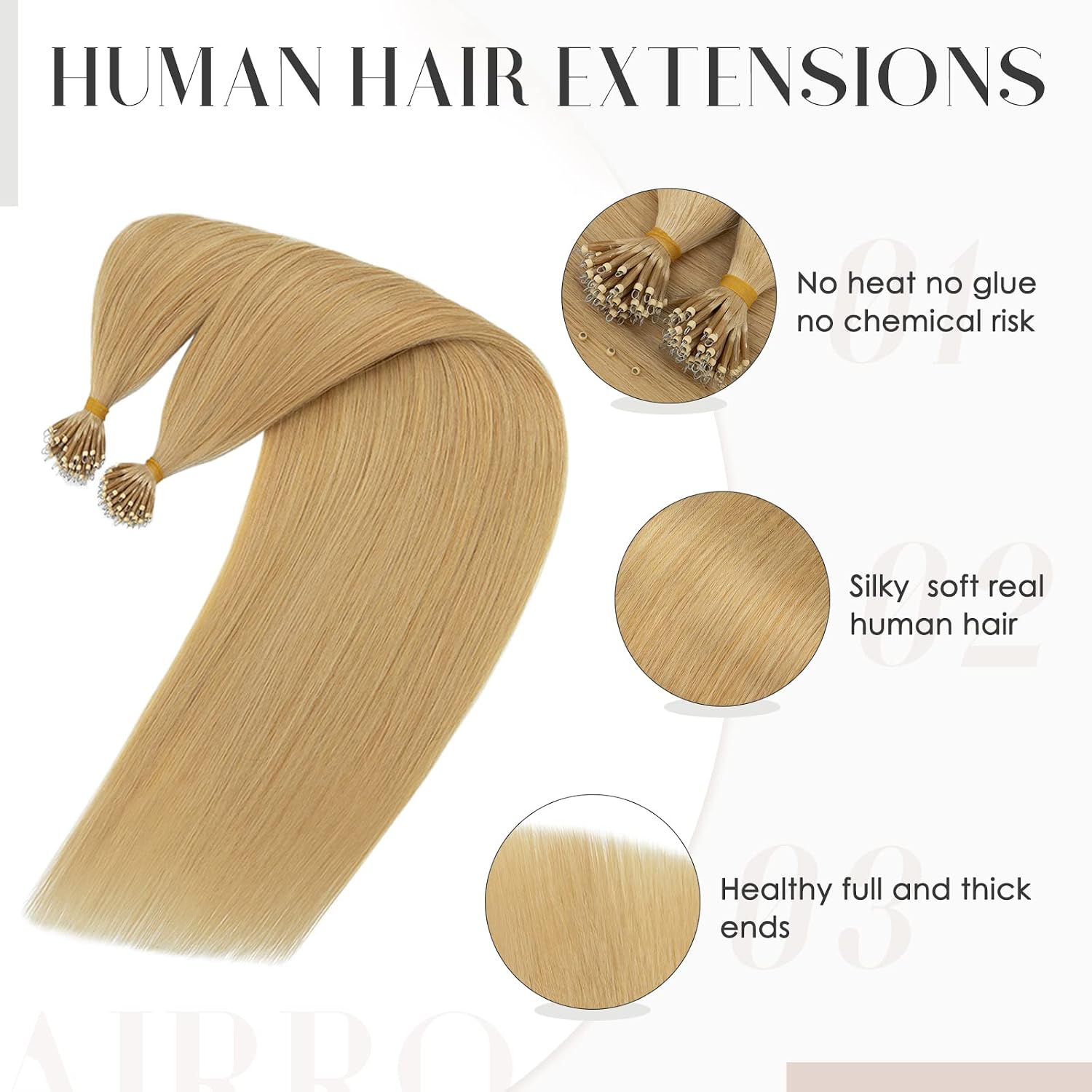 Hairro Nano Rings Tipped Human Hair Extensions Nano Tip Real Hair Cold Fushion Pre Bonded Stick Tipped Hair Highlight Remy Blonde HairPieces For Women 16inch 50g/PACK 50 Strands #24 Natural Blonde