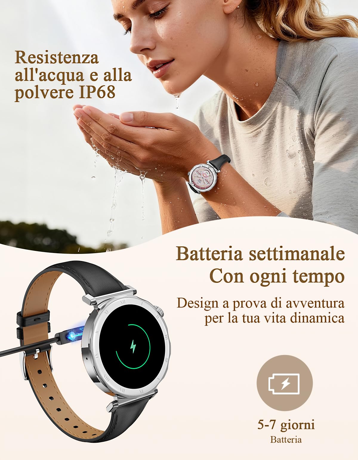 Smartwatch Donna - Elegante in Piccolo con Display AMOLED 1,19" Cinturino in Pelle Sottile, Orologio Fitness con Contapassi, Cardiofrequenzimetro/SpO2/Sonno per iOS/Android, Argento/Nero