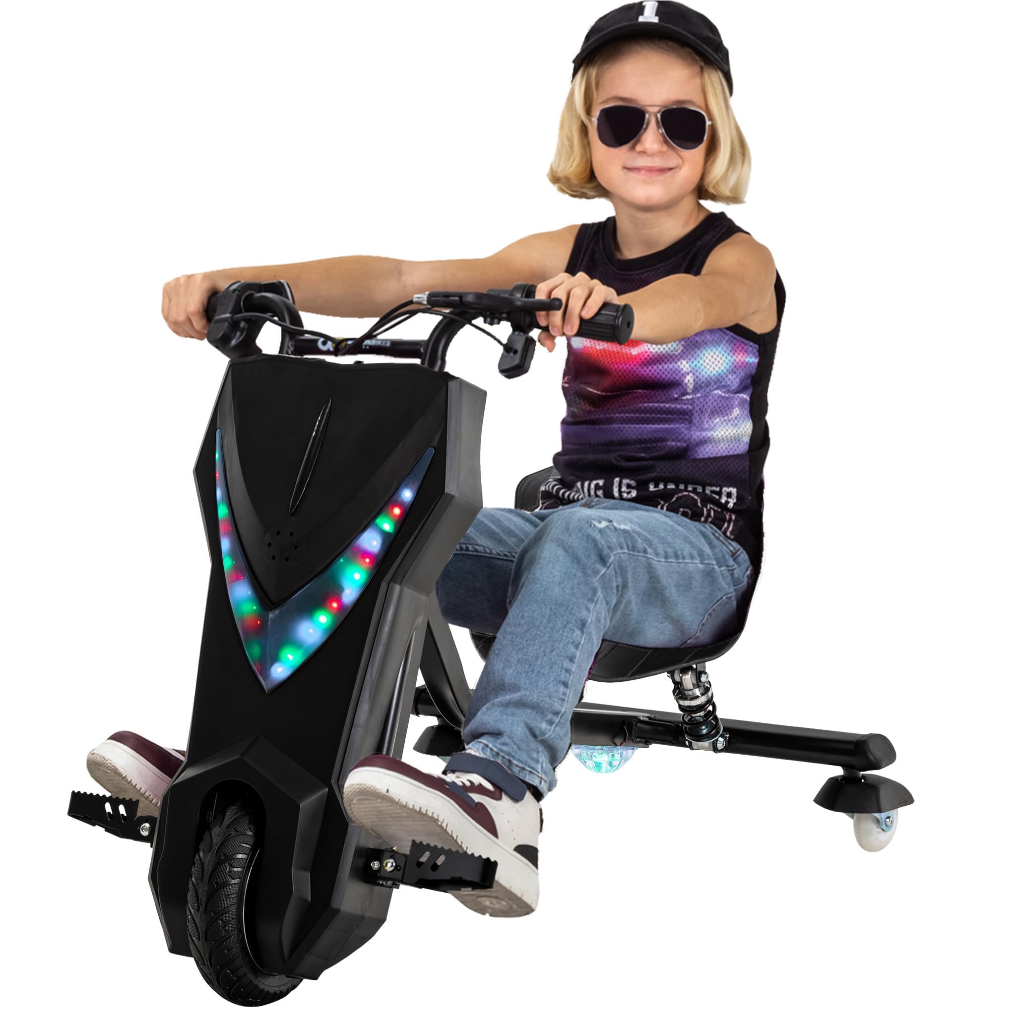 Actionbikes Motors Kinder Elektro Driftscooter | 𝟐𝟓𝟎 Watt Motor - Drift Cart 360°- 3 Geschwindigkeitsstufen - LED-Beleuchtung - Sitz verstellbar - Bluetooth - Drift Kart - Drift Auto (Black)