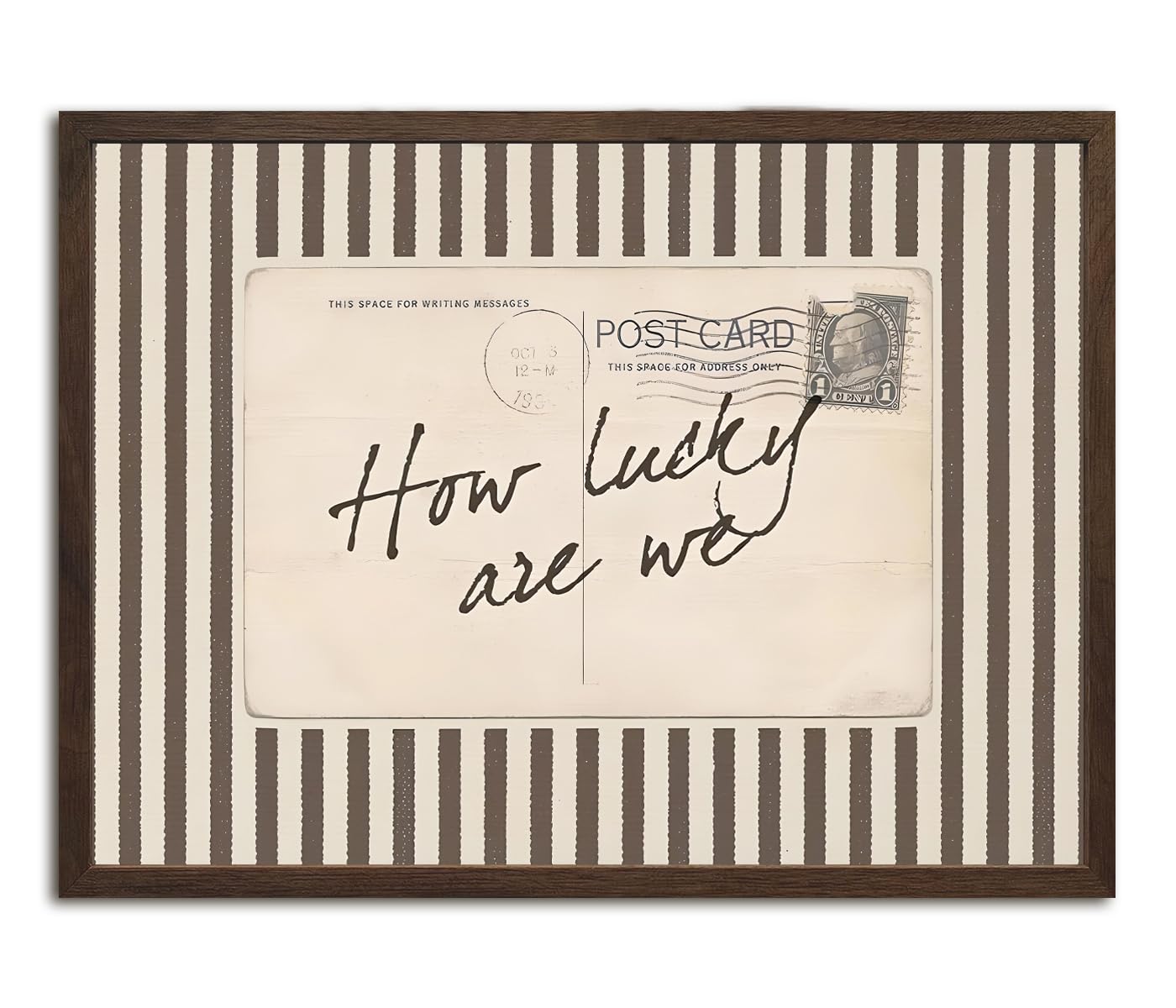 How Lucky Are We Wall Art Vintage Striped Letter Postcard Wall Decor Picture Trendy Preppy Inspirational Quote Poster Canvas Painting Print for Living Room Bedroom 12x16 inch Walnut Wood Framed