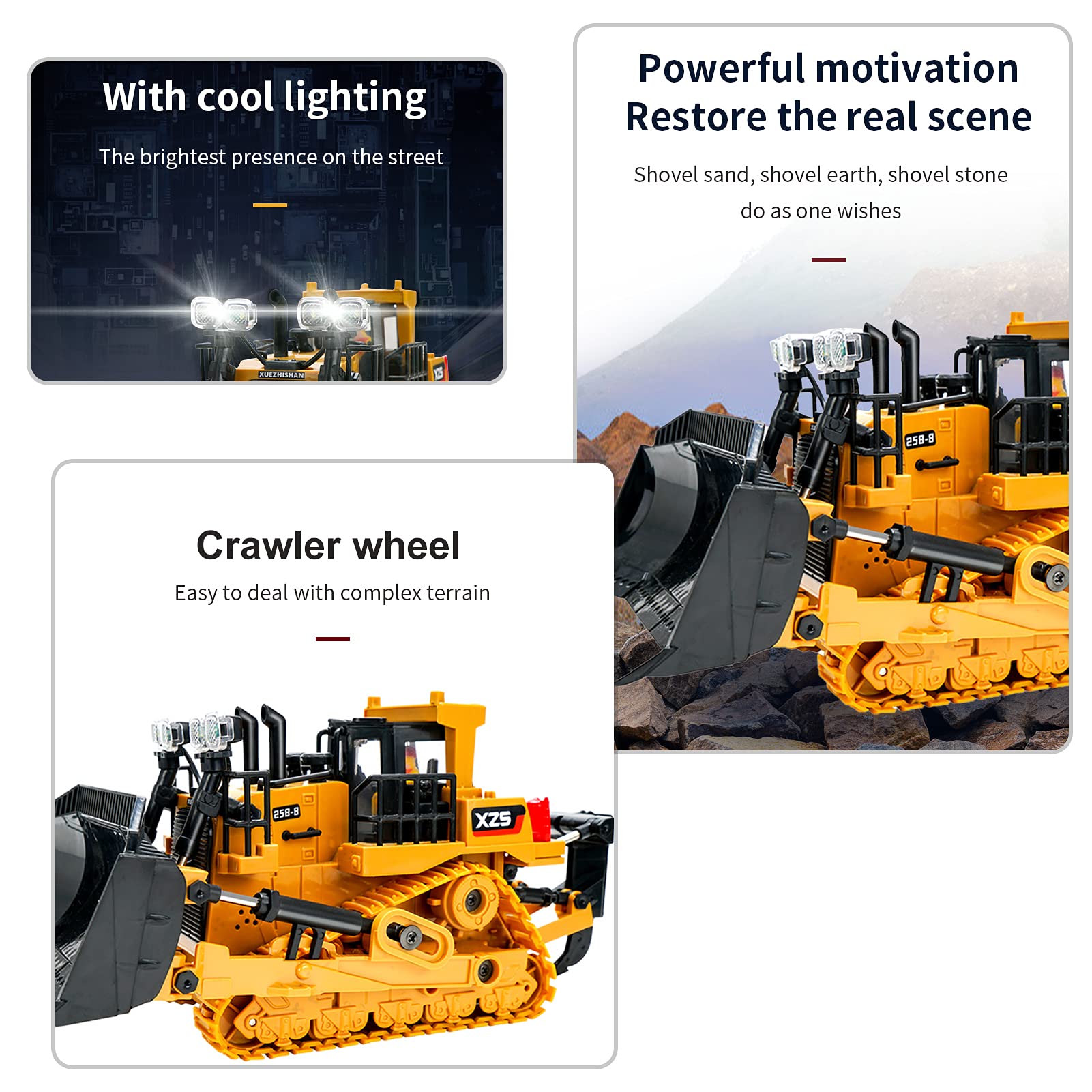 Jemora 1:24 2.4G 9CH RC Bulldozer RC Tracteur Camion Véhicules d'ingénierie de Construction avec Une démonstration clé Simulation de lumière LED Fonction sonore Jouets éducatifs pour Enfants