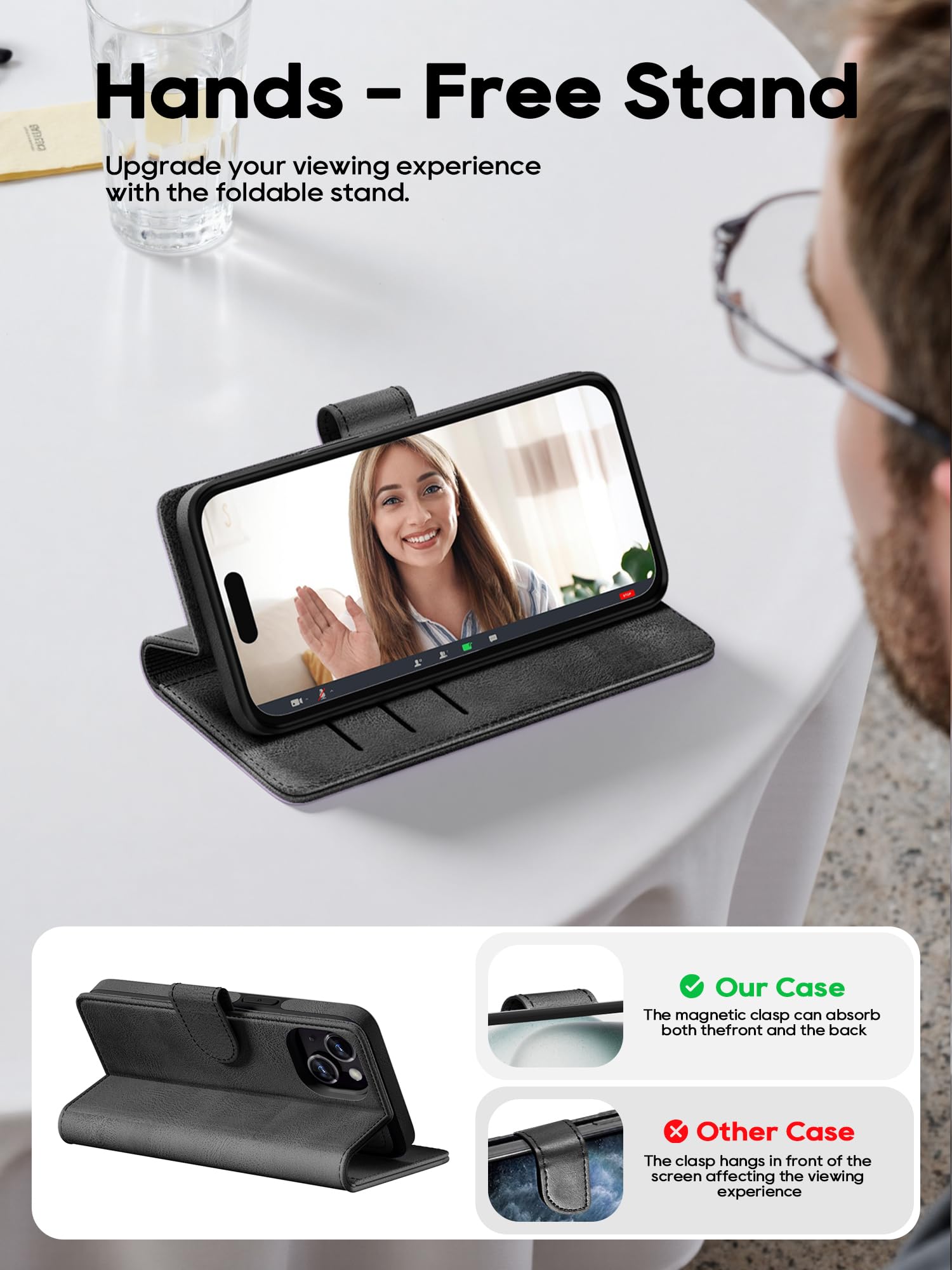 iPhone 15 Hülle,[2 in 1 Magnetisch Abnehmbar] Kabelloses Laden Kompatibel Stoßfest Schutzhülle Lederhülle Klapphülle Handyhülle für iPhone 15 - schwarz