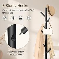 Vista 5 de Perchero de pie con base cuadrada estable para ropa, sombreros, usado en dormitorio, oficina y entrada, árbol para abrigos resistente y de fácil