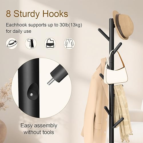 Miniatura 5 de Perchero independiente con base cuadrada estable para abrigos, sombreros, utilizado en dormitorio, oficina y entrada, resistente y fácil de montar