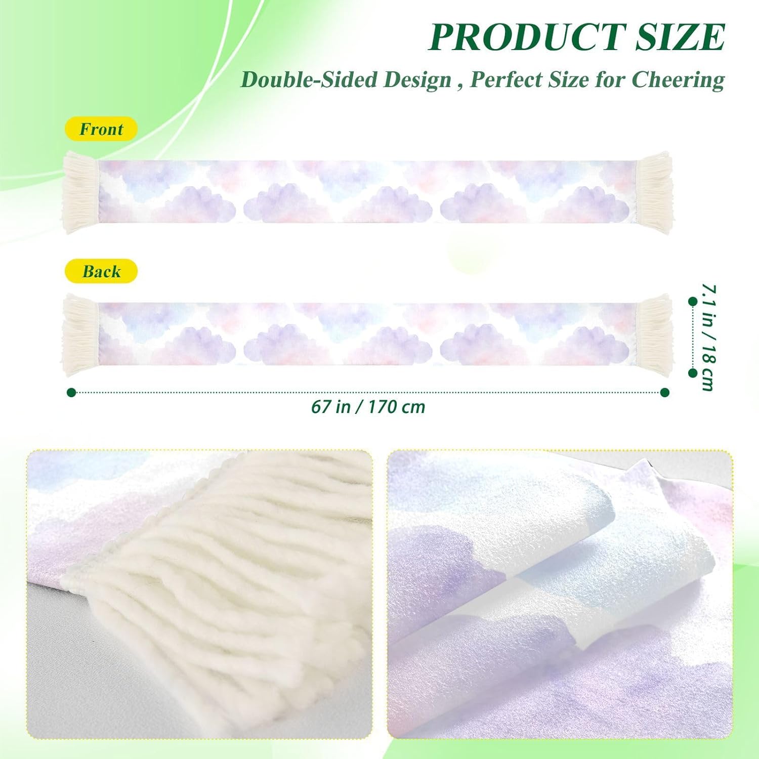 CHIFIGNO Cloud Lavender Pink Sports Fan Scarf with Fringe, Soft Polyester Sweat Towel Wrap for Soccer Games, Quick Dry Cheering Banner